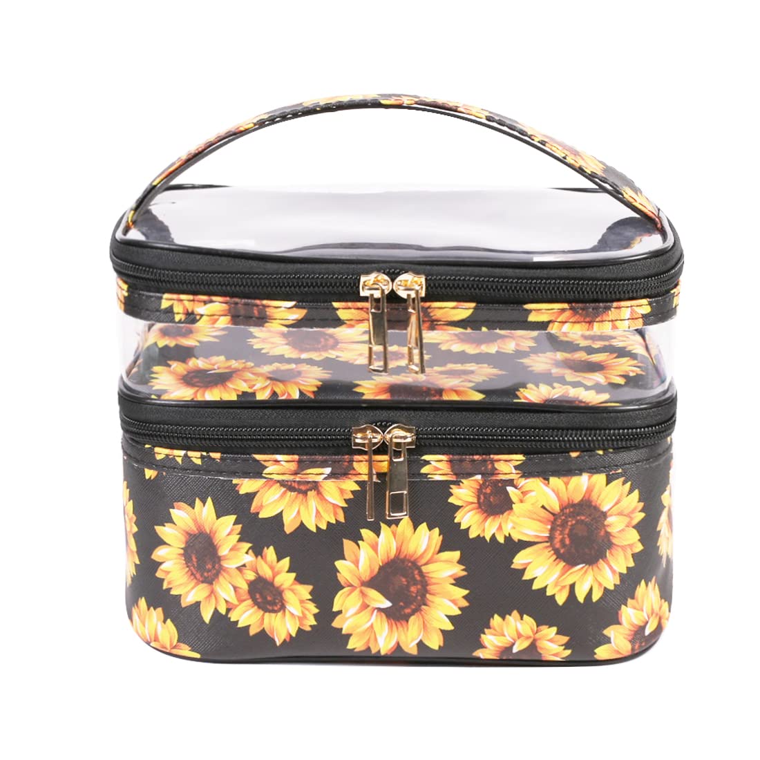 FITINI Double Layer Makeup Bag for Travel - Large Water-Resistant Cosmetic Organizer & Toiletry Case with Brush Holder - Perfect for Women's Makeup Storage, Sunflower Design | Ideal for Travel, Gym, and Daily Beauty Essentials