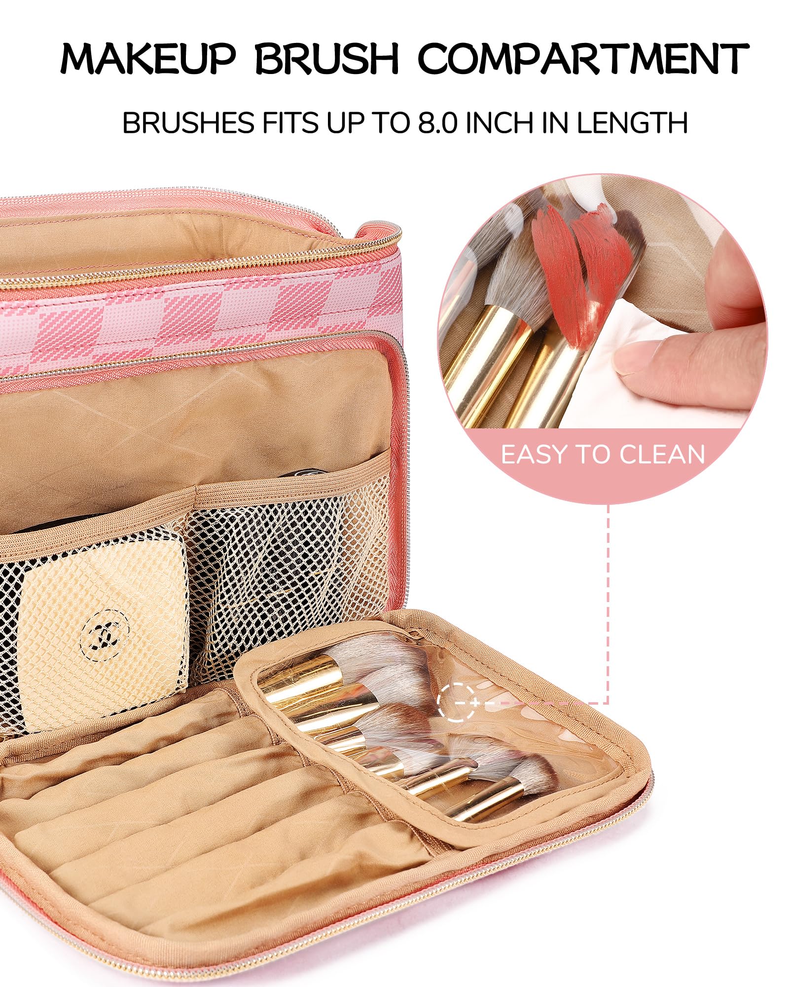 BOOMRICH Waterproof Leather Travel Makeup Bag - Large Wide-Open Cosmetic Organizer Pouch with Brush Holder, Portable Toiletry Case for Women (Pink) | Perfect for Vacation, Gym, Business Trips & Daily Essentials Storage