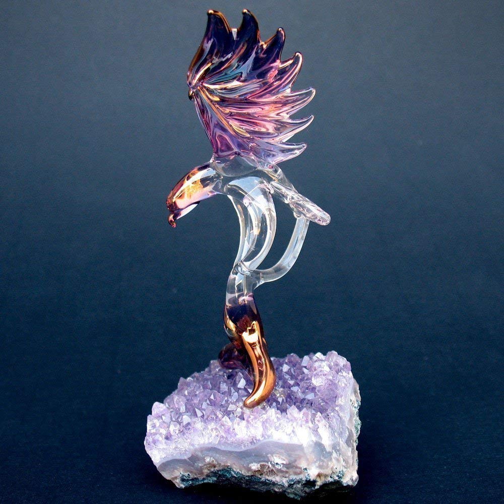 Hand Blown Glass Eagle Figurine on Natural Amethyst Crystal Base - Elegant Home Decor, Office Desk Ornament & Spiritual Gift for Collectors