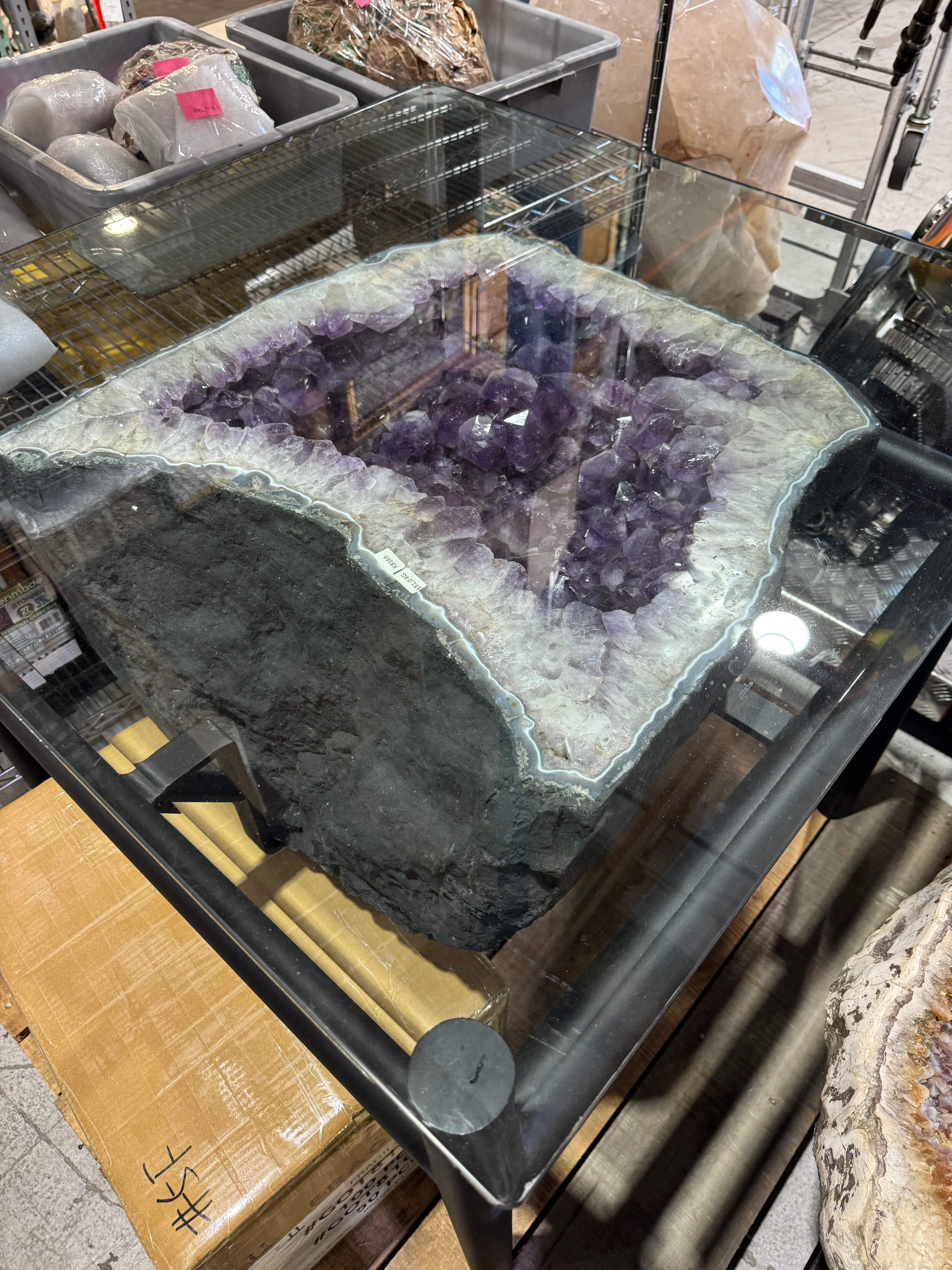 Natural Amethyst Geode Table from Brazil with Handcrafted Wooden Stand - 34