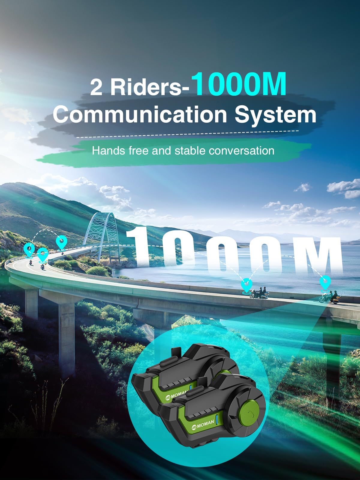 Moman H2 Pro Motorcycle Helmet Intercom System - Wireless Bluetooth 5.1 Communication Headset with DSP & CVC Noise Cancellation, AI Voice Assistant, Music Sharing (Green) - Perfect for Group Riding, Touring & Adventure Motorcycling