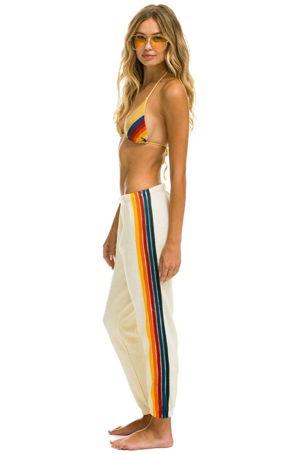 Aviator Nation Women's 5 Stripe Vintage White Sweatpants - Soft Lounge Pants for Yoga, Running & Casual Wear