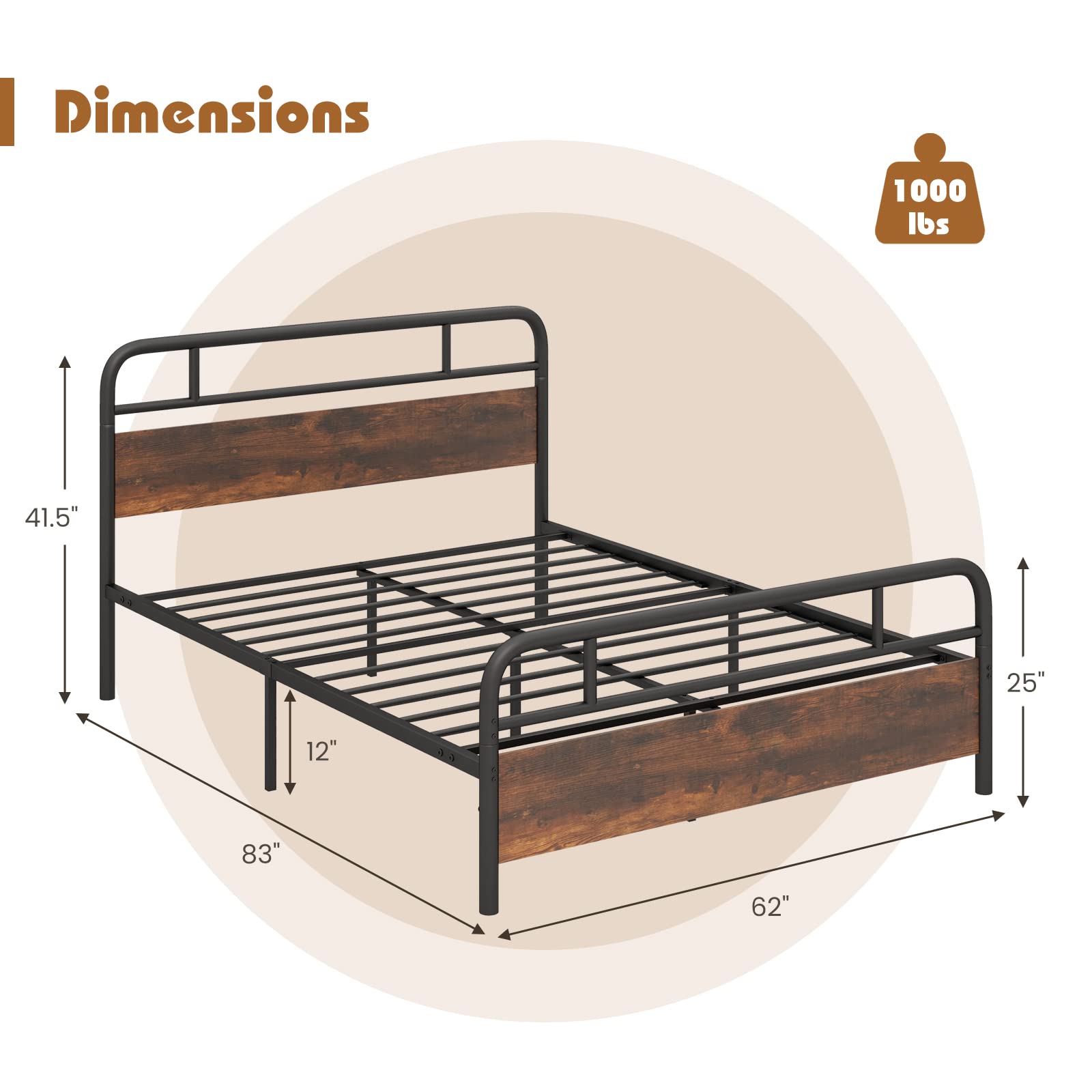 Giantex Queen Size Metal Bed Frame with Wood Headboard & Footboard - Heavy Duty Platform Bed with Reinforced Metal Slats, No Box Spring Needed - Rustic Brown Industrial Style Bed Frame for Bedroom, Guest Room, or Dorm