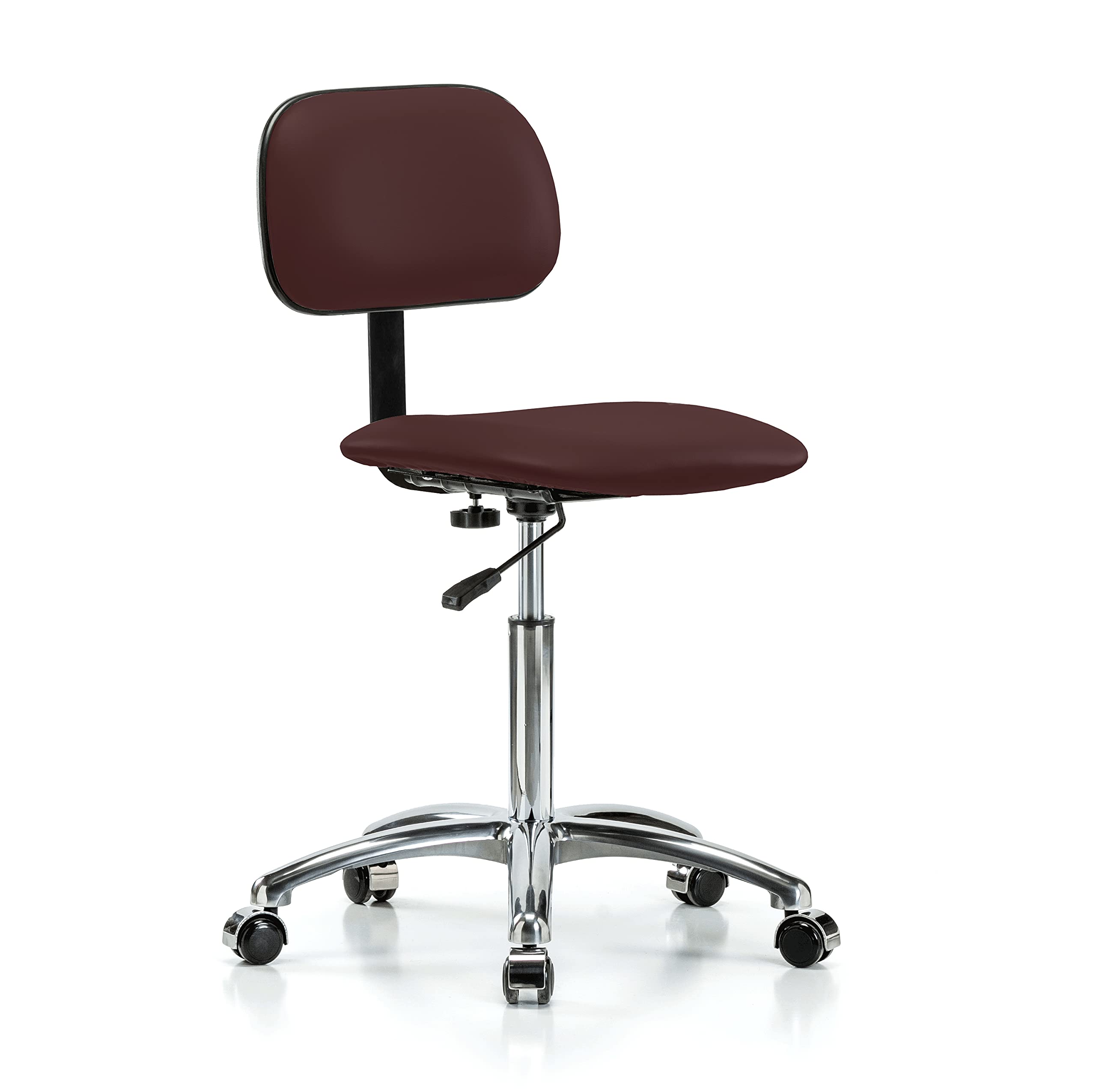 Adjustable Perch Chrome Rolling Lab Chair with Basic Backrest - Ideal for Hardwood & Tile Floors, Workbench Height, Burgundy Vinyl - Perfect for Laboratories, Workshops & Home Offices