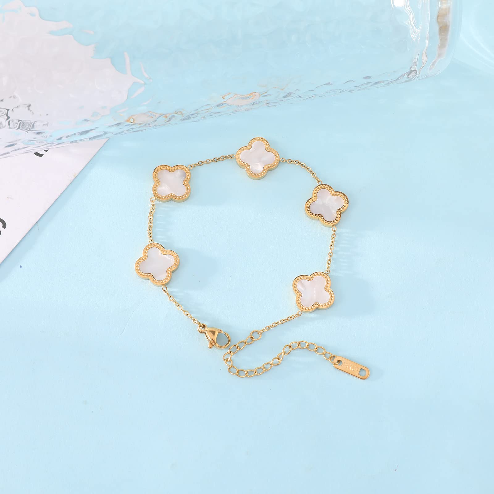 Trendy 18K Gold Plated Four Leaf Clover Adjustable Link Bracelet for Women - Lucky Charm Jewelry Gift for Mom, Birthday, Anniversary & Everyday Wear