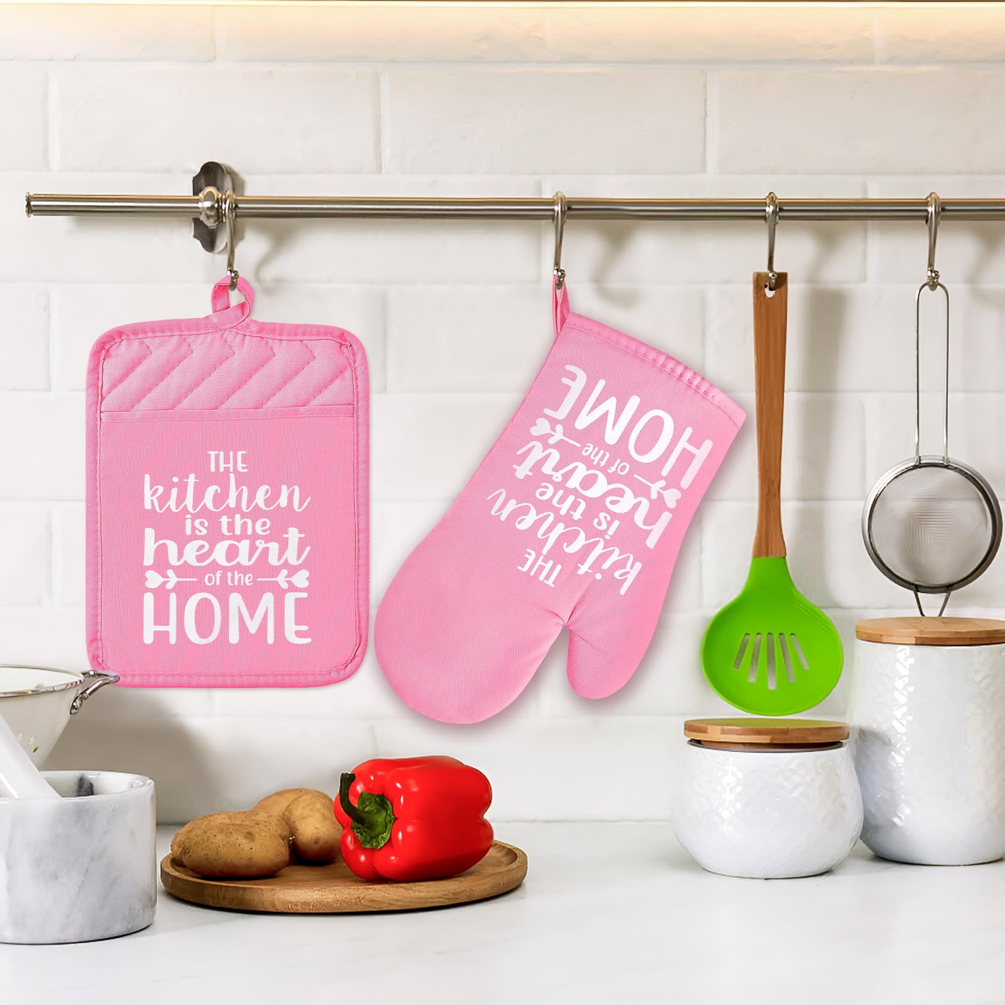 GROBRO7 6Pcs Funny Oven Mitts & Pot Holders - Heat Resistant Kitchen Gloves with Hanging Loop & Pocket - Machine Washable Hot Pads for Baking, Cooking, BBQ - Perfect Gift for Home Chefs (Pink)