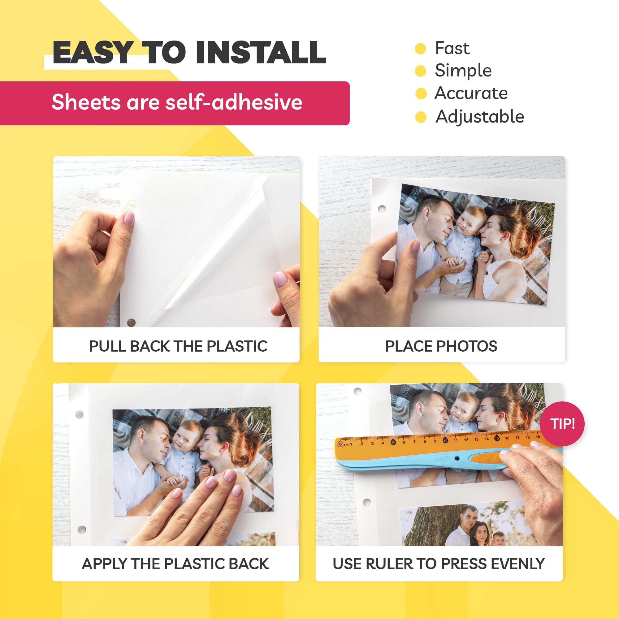 50-Pack 12x12 Self-Adhesive Photo Album Pages for 3 Ring Binder - Acid-Free Archival Quality Photo Sleeves & Refill Pages - Perfect for Scrapbooking, Family Memories, and Photo Organization