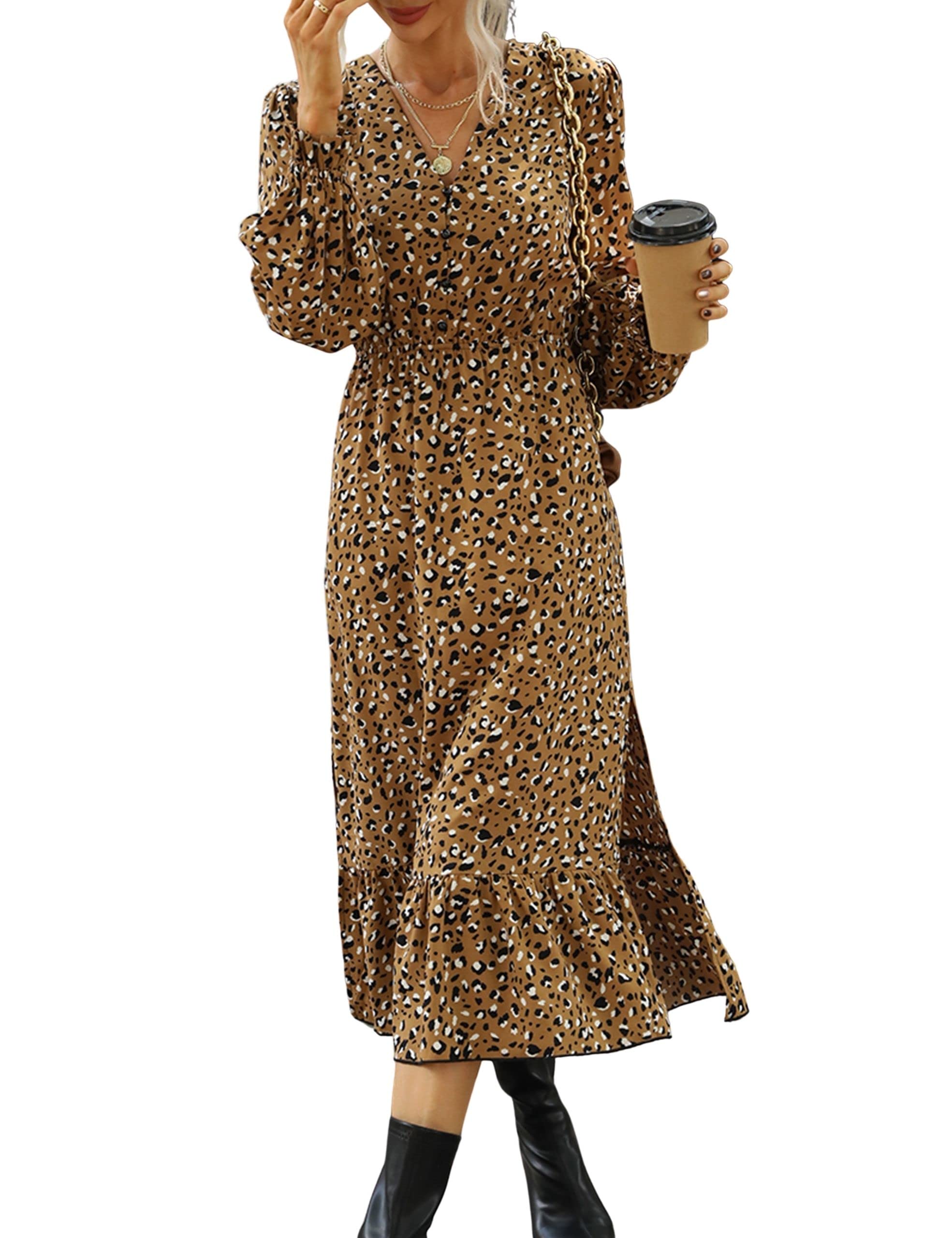 Boho Floral Maxi Dress for Women - Long Sleeve Flowy Ruffle Slit Casual Dress | Perfect for Beach Vacations, Summer Parties & Boho Chic Outfits