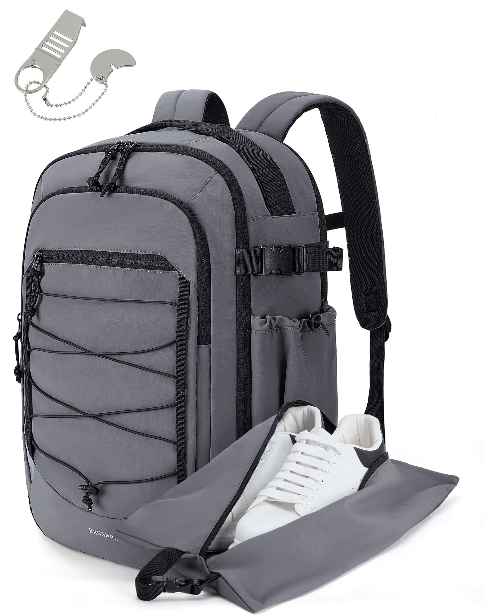 BAGSMART 17.3 Inch Large Travel Backpack - Flight Approved Carry On Backpack with Shoe Compartment, 30L Water Resistant Daypack for Men & Women (Grey) - Perfect for Air Travel, Business Trips & Weekend Getaways