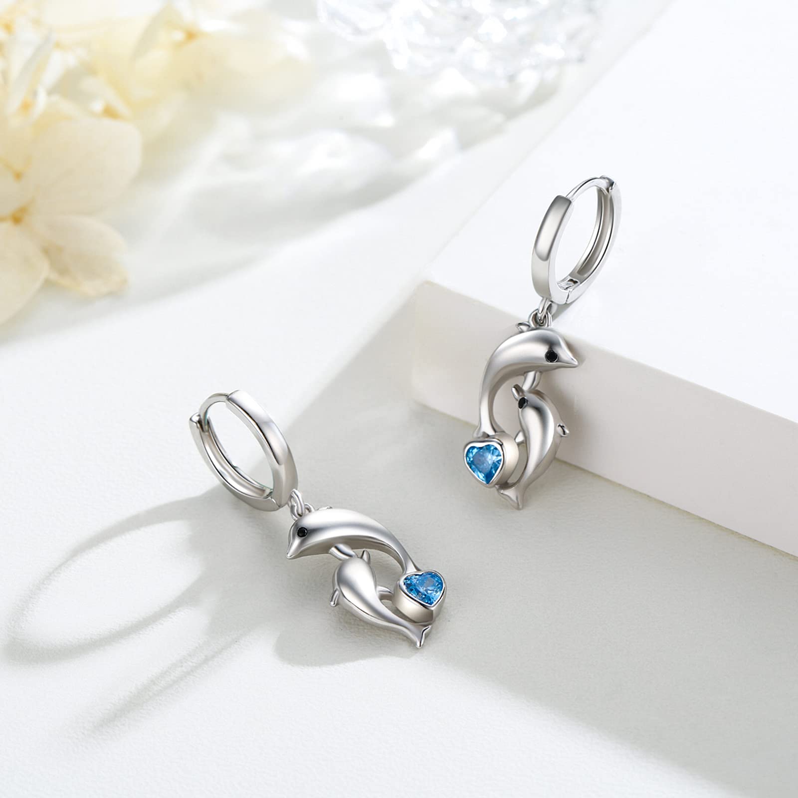 Women's Sterling Silver Dolphin Earrings with Blue Heart-Shaped Crystals – Hypoallergenic Hoop Drop Earrings for Sensitive Ears | Perfect Nautical Jewelry Gift for Best Friend, Ocean Lovers & Sailor Style Fashion