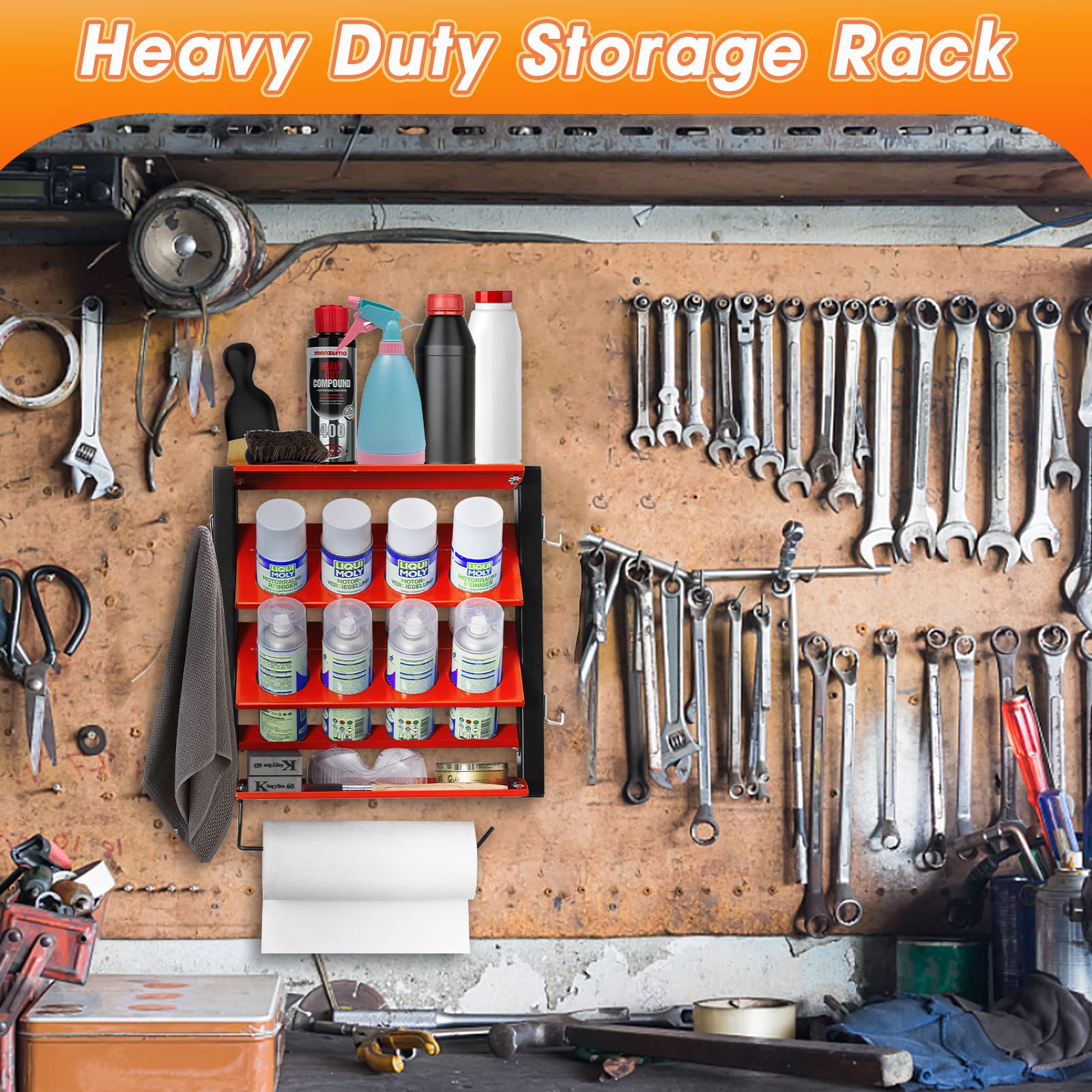 Ultrawall Heavy-Duty Steel Spray Can Rack with Paper Towel Holder - Wall Mounted Garage Storage Shelf for Tools & Bottles - Holds 100 lbs - Perfect for Workshop, Garage & Home Organization
