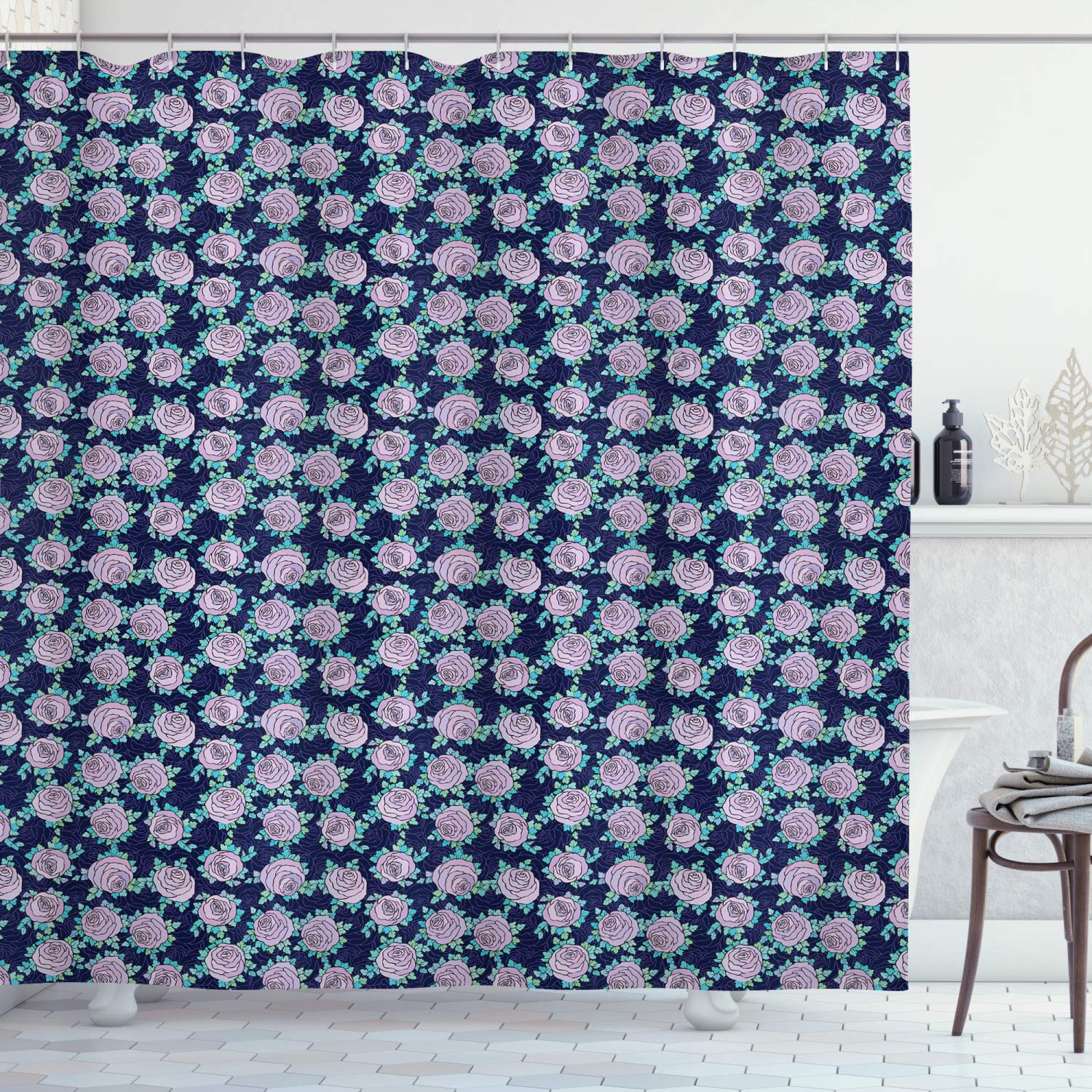 Ambesonne Rose Shower Curtain - Romantic Rose Flower Blossoms with Blue Leaves Design, Feminine Bathroom Decor Fabric Set with Hooks, 69x70 Inches, Indigo Aqua Lilac - Perfect for Vintage & Boho Style Bathrooms
