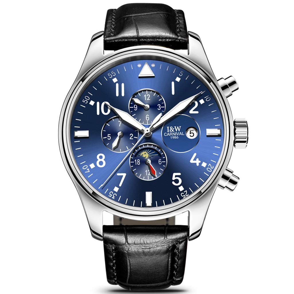 Premium Men's Automatic Watch - Genuine Leather Band, Blue Dial Analog Wristwatch, Waterproof Chronograph with Date Calendar (Black Band) - Perfect for Business, Casual & Formal Occasions