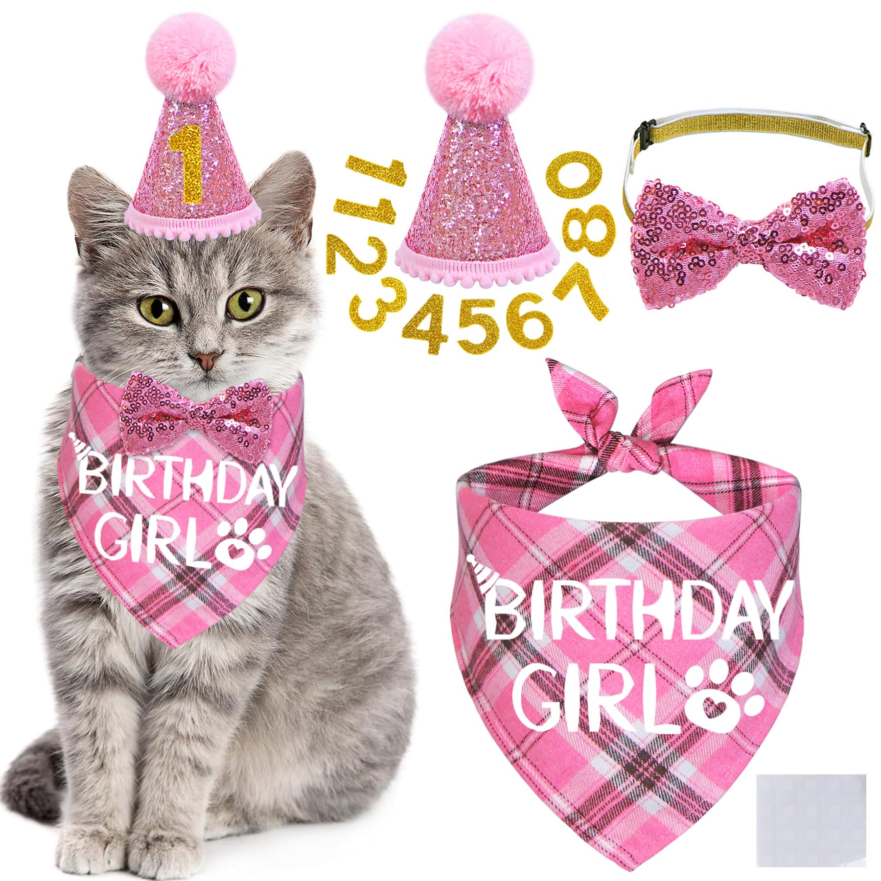 STMK Cat Birthday Party Supplies Set - Birthday Hat with Number, Bandana, Bow Tie Collar & Outfits for Kittens - Pink Pet Celebration Decorations | Perfect for Cat Birthday Parties, Photo Shoots & Special Occasions