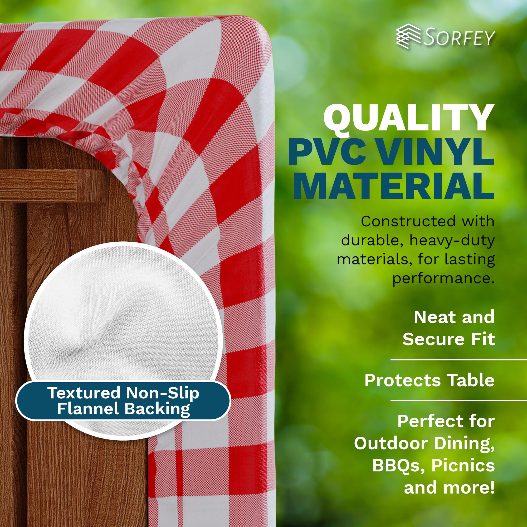 Sorfey 30x72 Inch Vinyl Umbrella Picnic Table and Bench Set with Checkered Flannel-Backed Tablecloth Cover - 3-Piece Outdoor Dining Set for Patio, Backyard, Camping (Red)