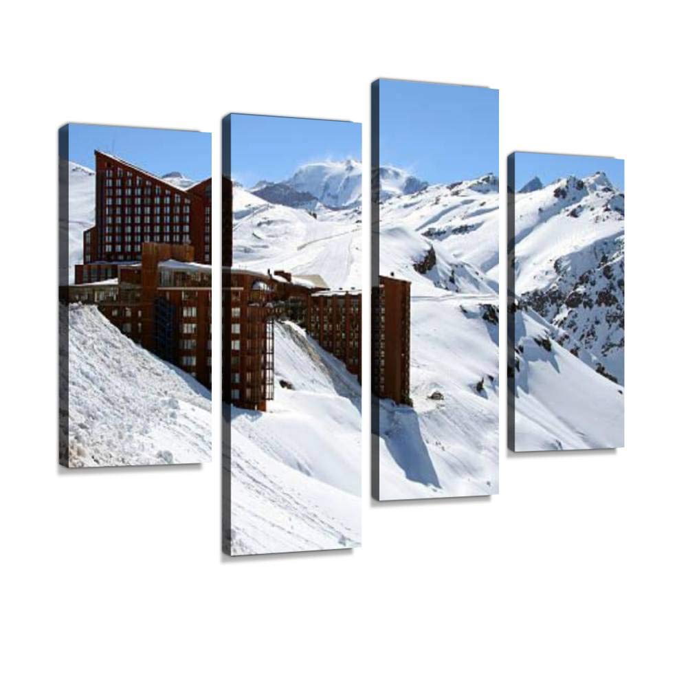 4-Panel Framed Canvas Wall Art - Valle Nevado Chile Skiing Landscape Painting, Modern Home Decor, Ready to Hang - Perfect for Living Room, Bedroom & Office Decor
