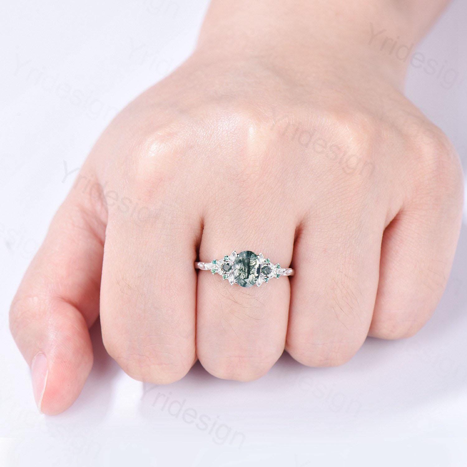 1.5CT Oval Moss Agate Engagement Ring in White Gold - Unique Leaf Green Agate Cluster Emerald Wedding Ring for Women, Bridal Promise Ring, Anniversary Gift for Her - Perfect for Proposals, Weddings & Special Occasions