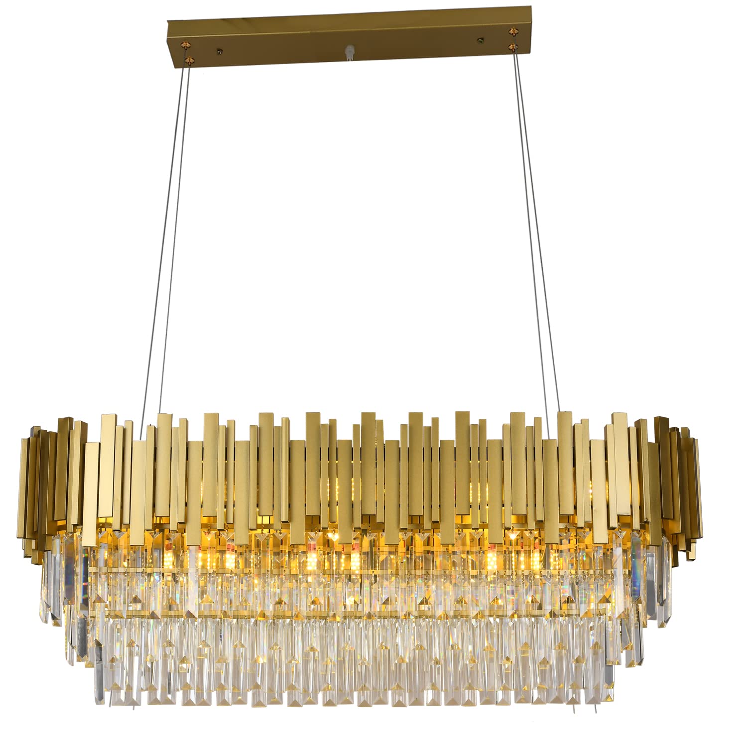 Modern Gold Rectangle Crystal Chandelier - 10-Light E12 Bulb Luxury Pendant Lighting Fixture for Dining Room, Living Room, Cafe - Perfect for Elegant Home Decor & Commercial Spaces (40