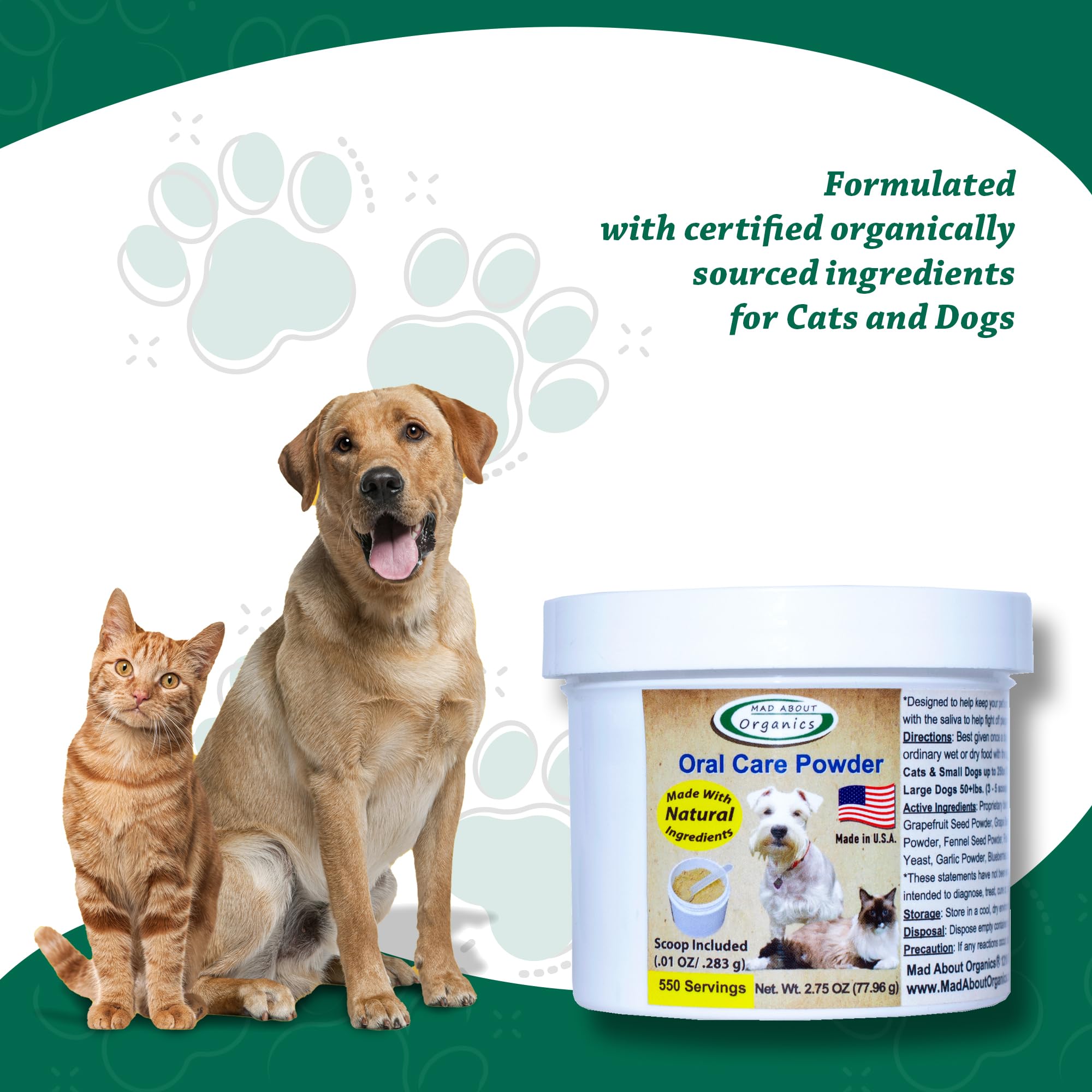 Natural Dog & Cat Dental Powder - Tartar & Plaque Remover for Fresh Breath | Pet Teeth Cleaning Powder for Oral Hygiene | 550 Servings (77.96g) | Perfect for Daily Dental Care & Bad Breath Prevention
