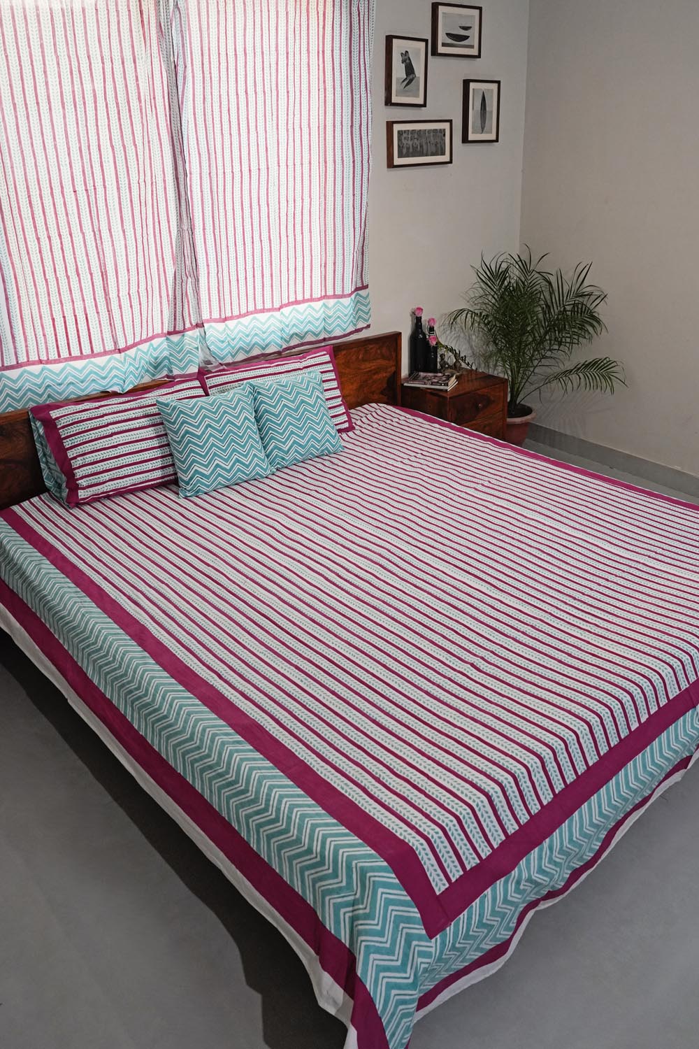 Serene Stripes Hand Block Printed Cotton Percale Bedsheet Set - 100% Organic Cotton Soft Bed Sheets for Queen Size - Breathable & Hypoallergenic Bedding for Cozy Sleep & Stylish Bedroom Decor