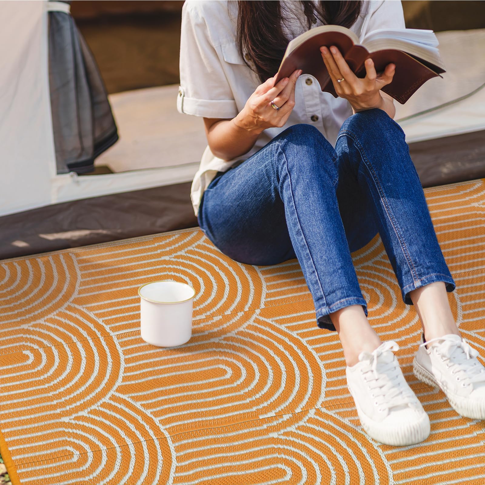 Lahome 5x8 Waterproof Reversible Outdoor Rugs for Patio, RV Camping, Tent, Backyard, Balcony & Deck - Durable Plastic Indoor/Outdoor Carpet in Rainbow Orange - Perfect for Picnics, Beach Trips & Outdoor Gatherings