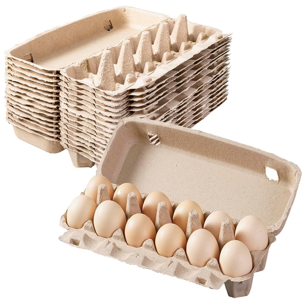 50pcs Eco-Friendly Pulp Egg Holders - 12 Count Blank Natural Paper Egg Cartons for Chicken Eggs | Bulk Cardboard Egg Trays for Family Farm Market & Reusable Egg Collecting Basket | Perfect for Farmers Markets, Home Chicken Coops & Sustainable Egg Packaging