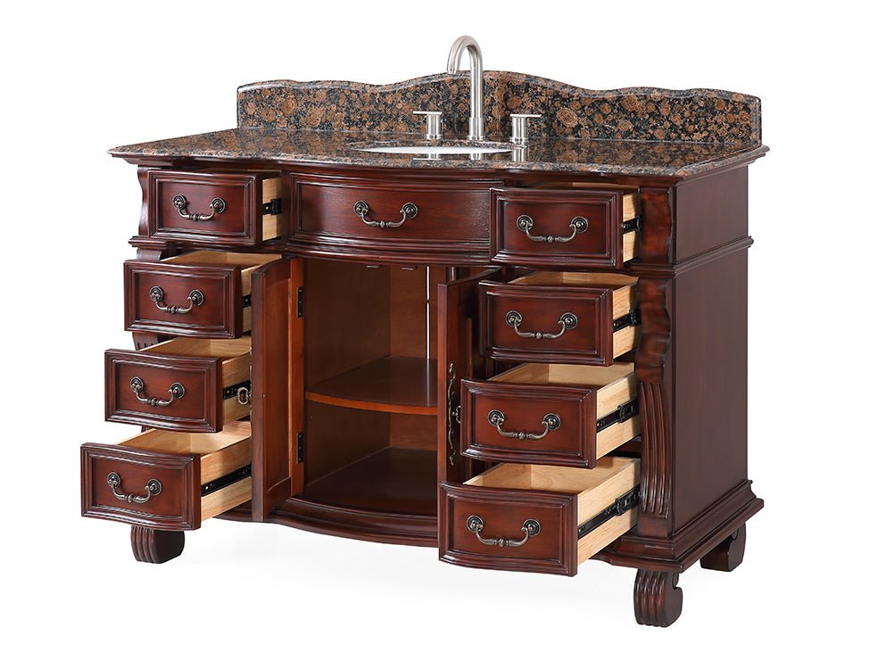 50 Inch Antique Style Cherry Wood Bathroom Vanity with Baltic Brown Stone Top - Perfect for Farmhouse, Rustic, or Traditional Bathroom Decor