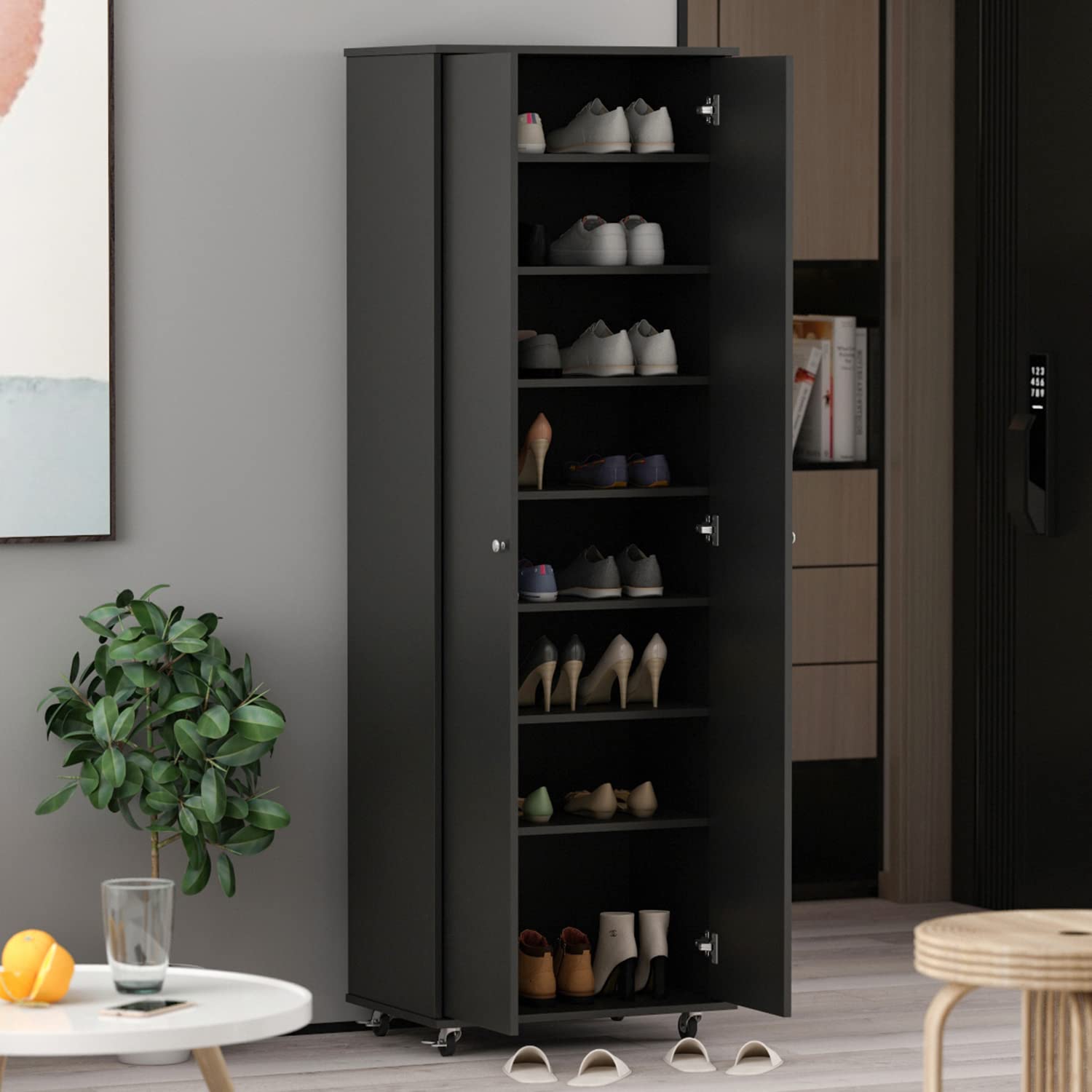 8-Tier Wooden Shoe Storage Cabinet with 2 Doors, Shelves & Wheels - Tall Shoe Rack Organizer for Entryway, Hallway & Living Room - Perfect for Storing Shoes, Boots & Accessories - Black