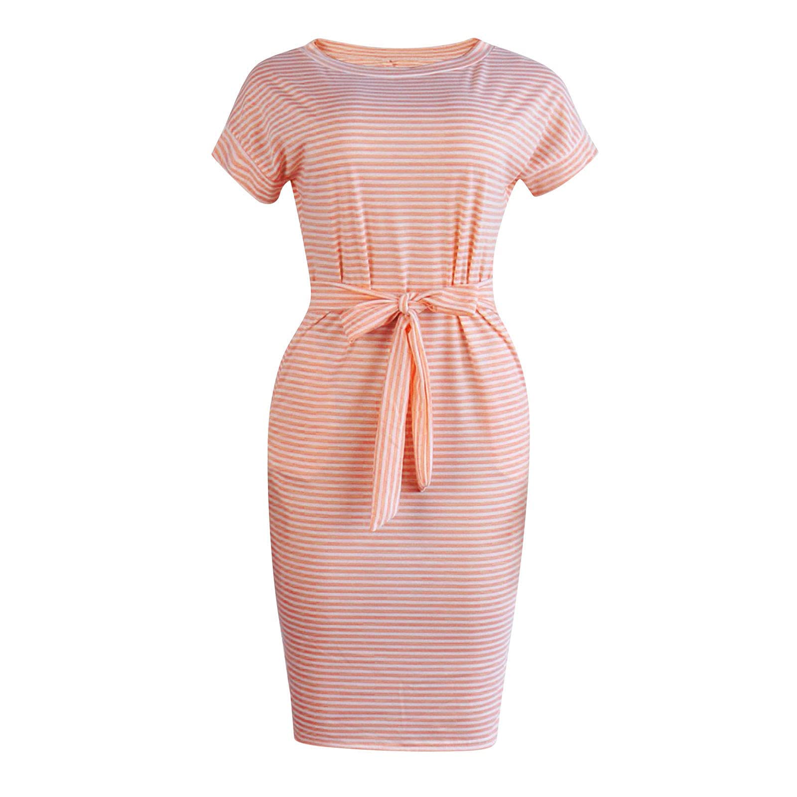2024 Women's Summer Striped Print Crew Neck Pocket T-Shirt Midi Dress - Casual Tie Waist Work Dress for Office, Beach & Vacation Outfits