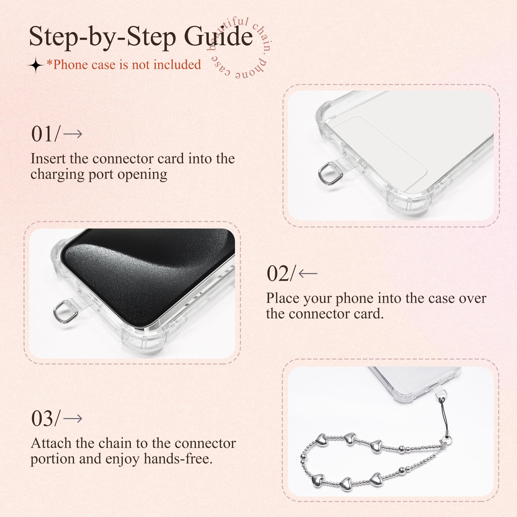 GVIEWIN Beaded Phone Lanyard with Detachable Wrist Strap - Anti-Drop Hands-Free Phone Charm for iPhone & Smartphones (Silver Love Design) - Perfect for Work, Travel, and Everyday Use