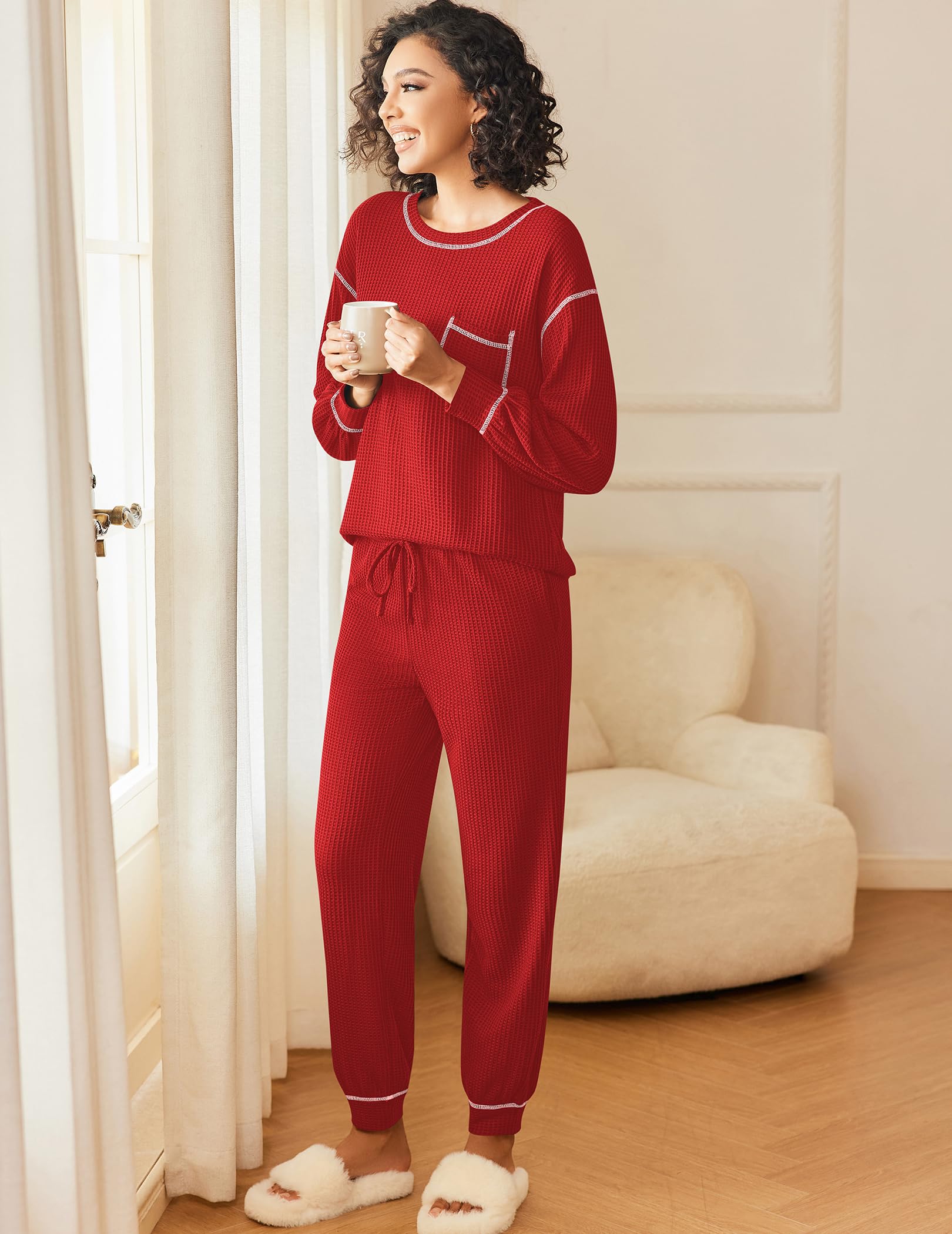 Ekouaer Women's Waffle Knit Pajama Set - Long Sleeve 2-Piece Loungewear for Sleep & Relaxation (Sizes S-XXL) | Cozy Homewear for Winter Nights & Spa Days