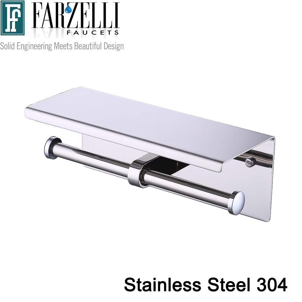 Wall Mounted Bathroom Toilet Paper Holder with Shelf - Sturdy Stainless Steel TP Roll Dispenser for Bath, Powder Room & RV - TP002