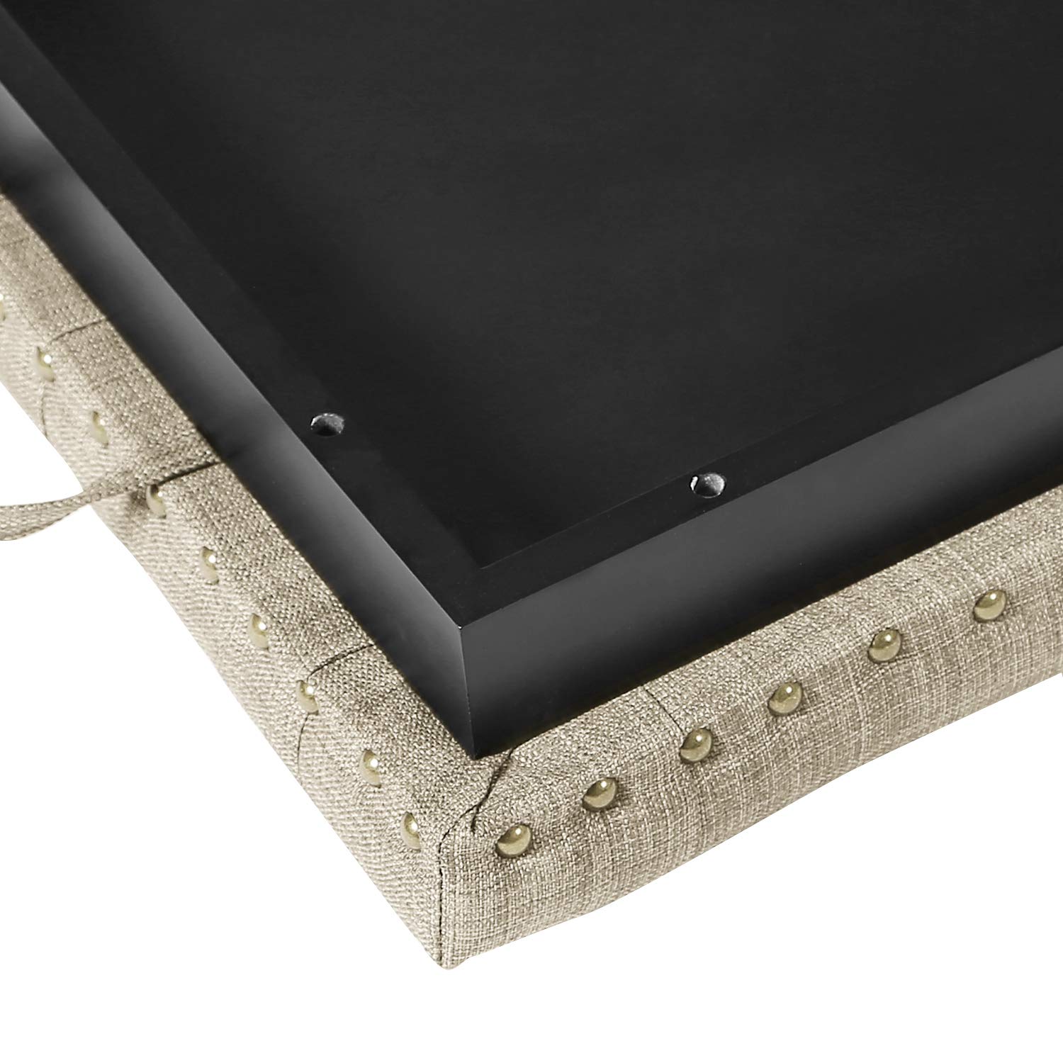 Square Storage Ottoman Bench with Removable Tray - Upholstered Foot Stool with Nailhead Trim in Beige - Perfect for Living Room, Bedroom & Entryway Organization