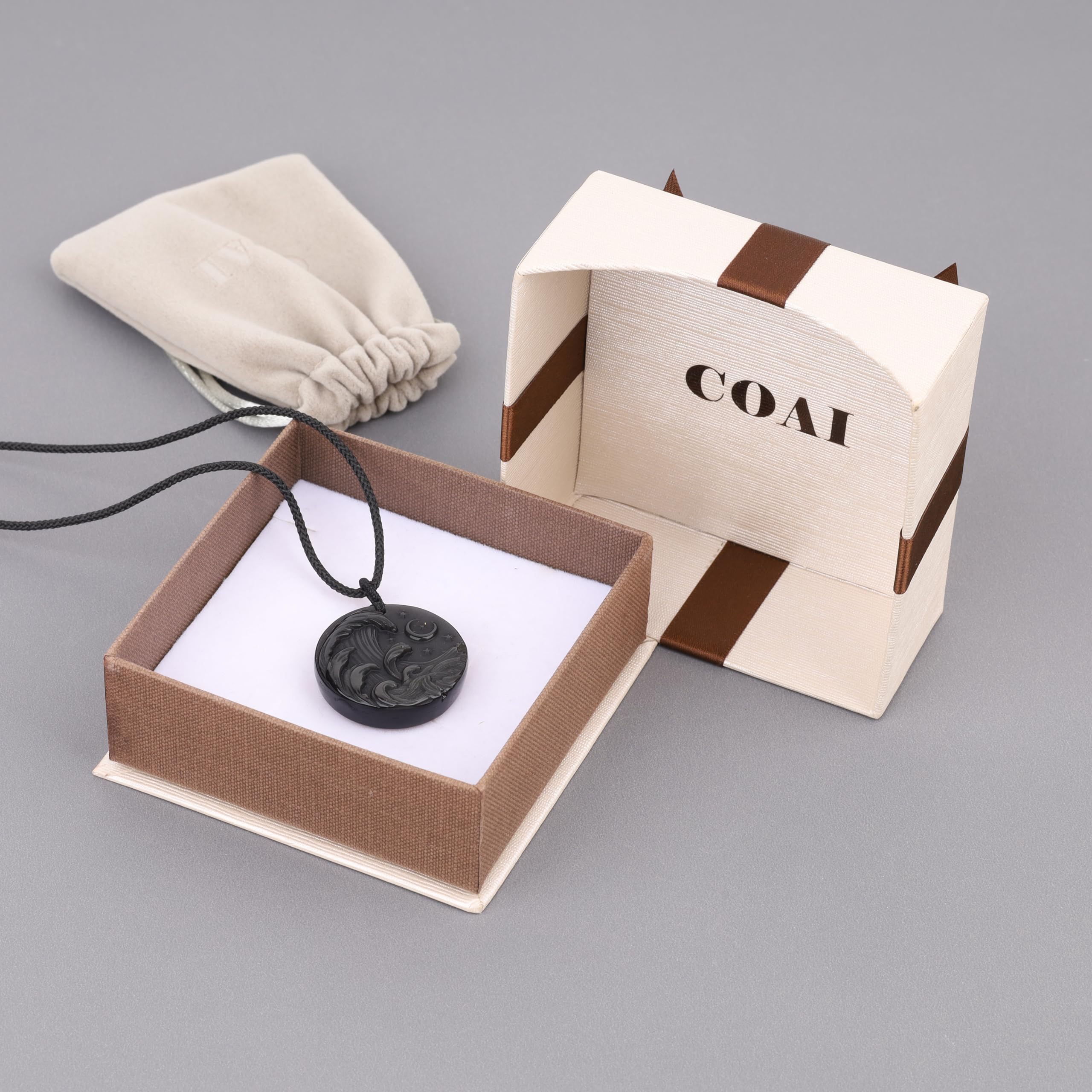 COAI Wave Under Night Sky Black Obsidian Necklace - Stainless Steel Chain or Nylon Cord Options - Protection & Healing Crystal Jewelry for Meditation, Yoga & Spiritual Gifts