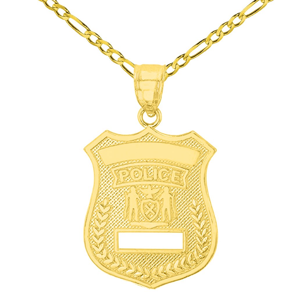 14K Solid Yellow Gold Police Officer Badge Charm Pendant with Figaro Chain Necklace - Perfect for Law Enforcement Gifts, Graduation Jewelry & Everyday Wear