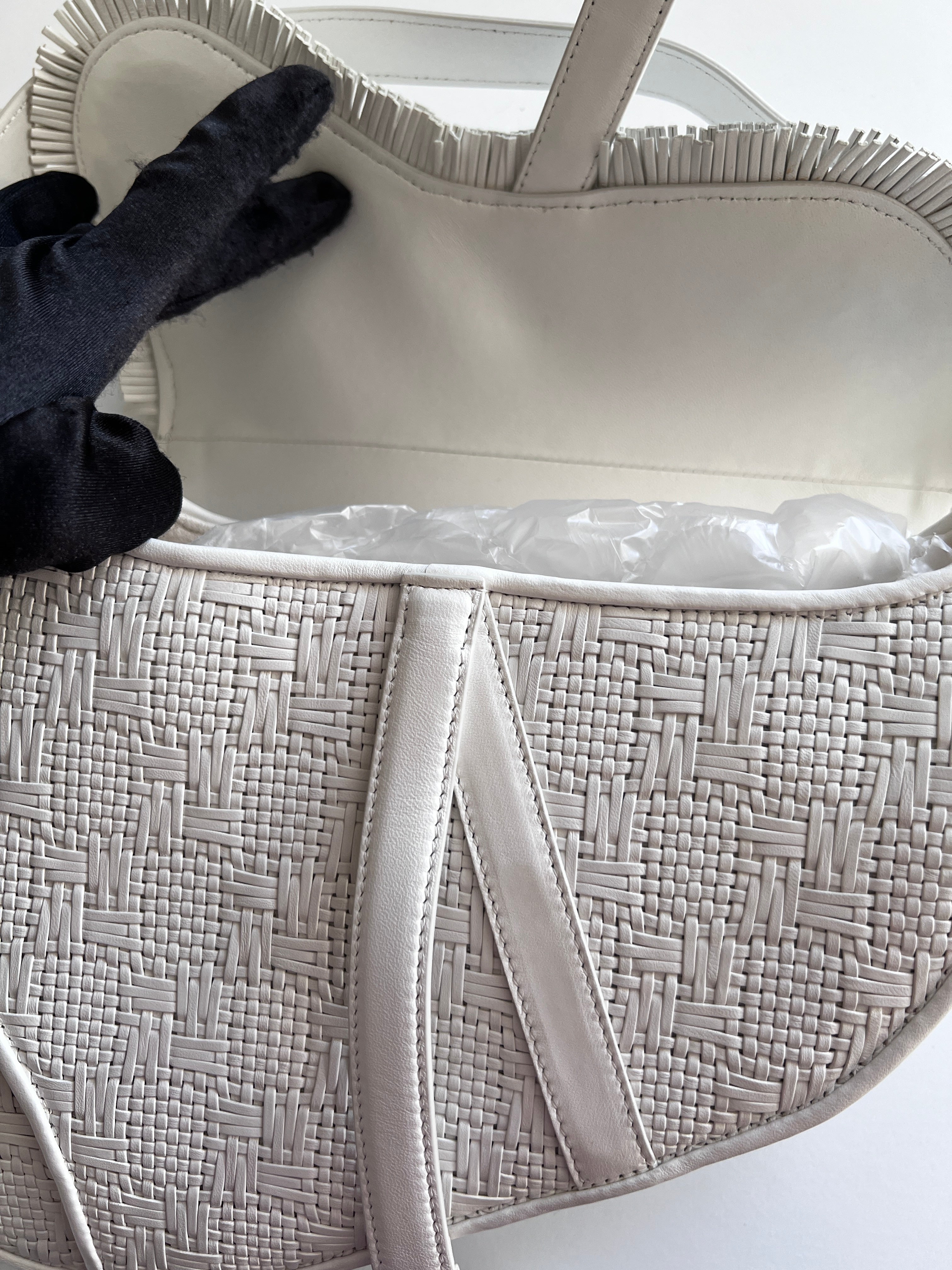 Dior White Leather Woven Saddle Bag for Women - Luxury Designer Handbag for Everyday Use, Work, and Special Occasions