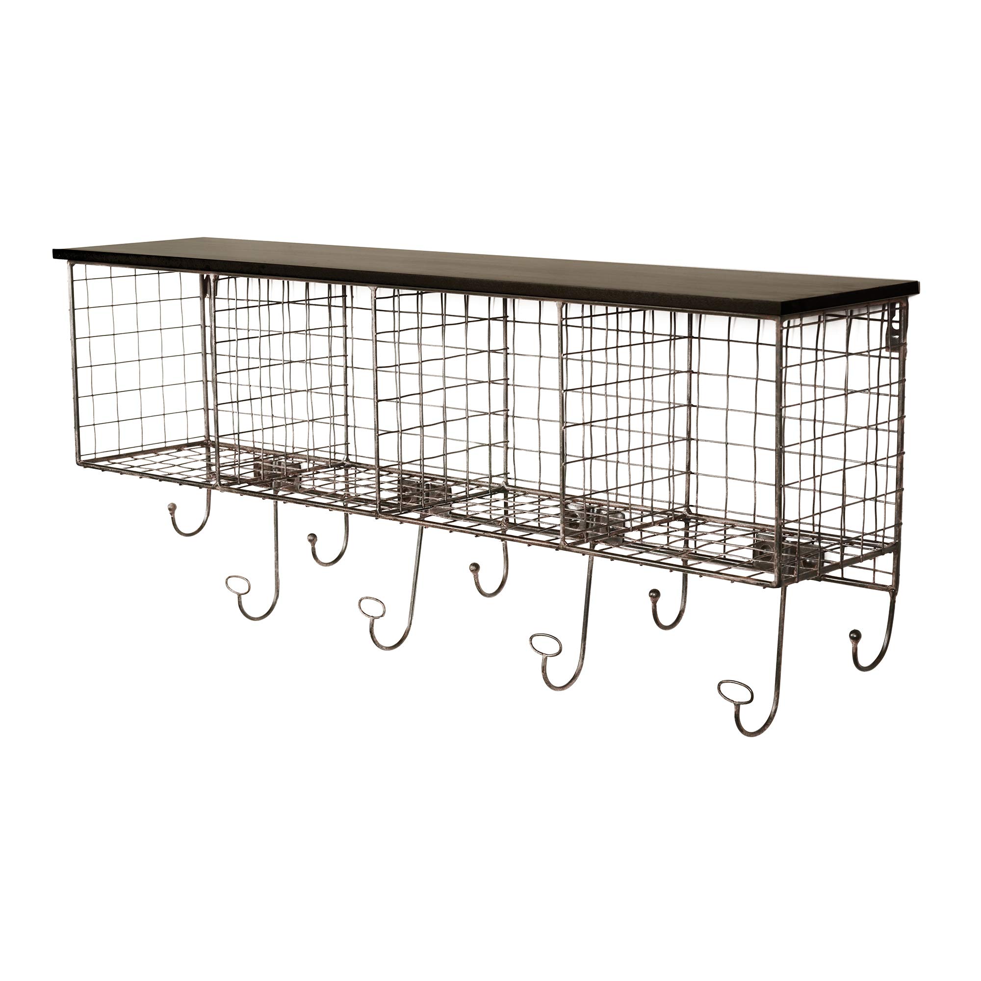 Benjara Black Grid Metal and Wood Wall Shelf with 4 Cubbies & 9 Hooks - Stylish Storage for Living Room, Bedroom, or Entryway Organization