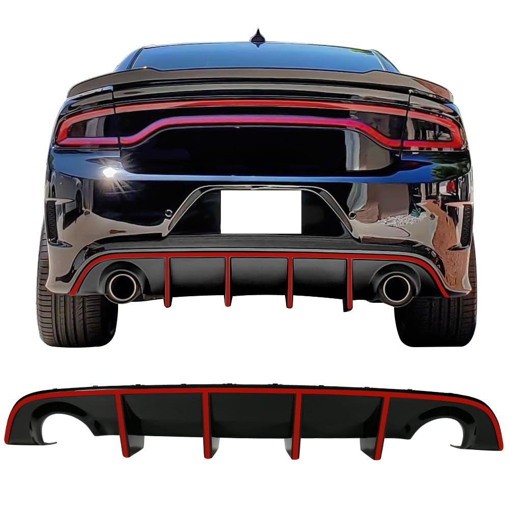 IKON MOTORSPORTS Bumper Lip Spoiler for 2015-2023 Dodge Charger SRT - Factory Style Rear Diffuser with Red Reflective Tape - Enhances Aerodynamics & Sporty Look for Street Racing & Car Shows