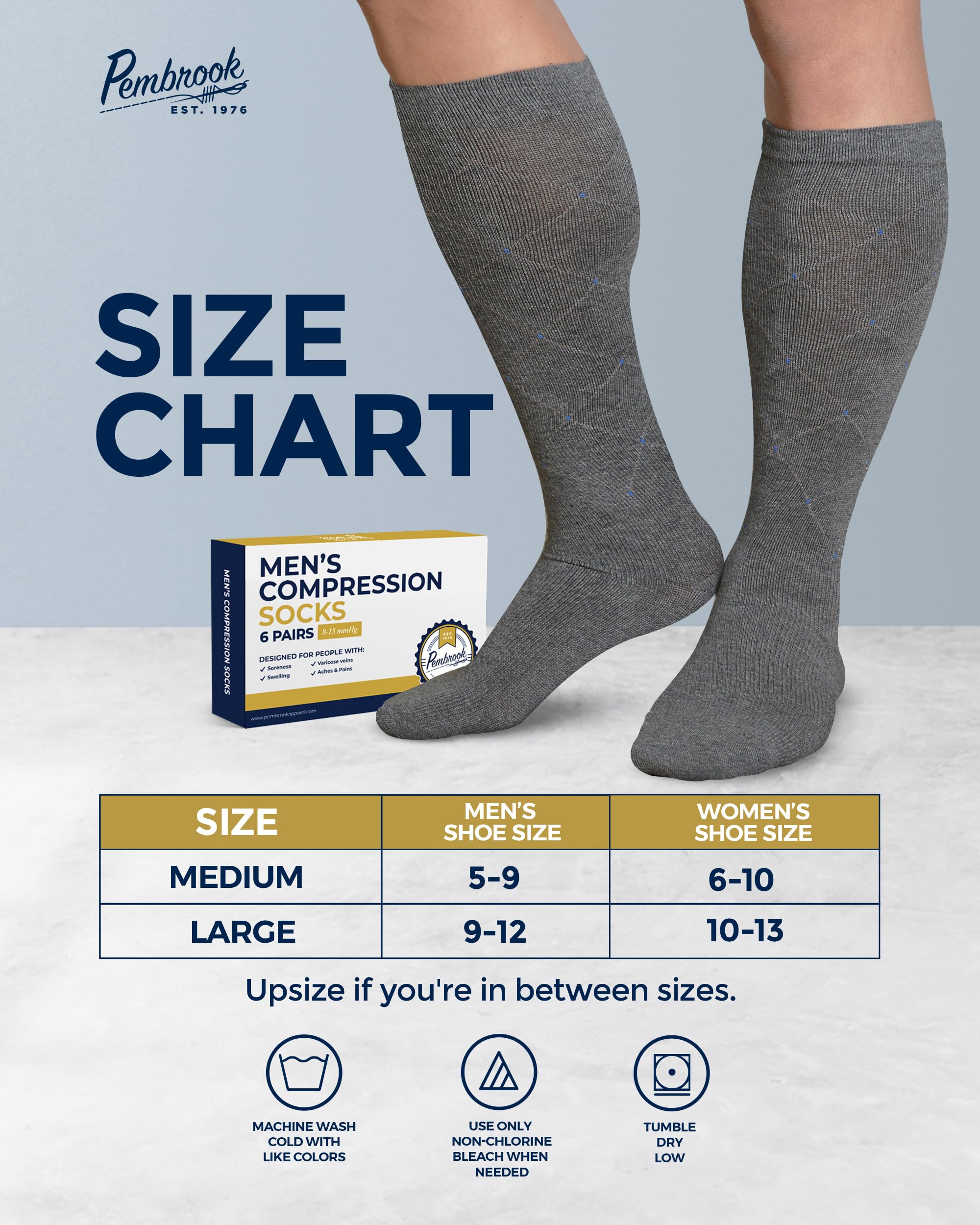Pembrook Men's Light Compression Socks 6-Pack (8-15 mmHg) - Graduated Support Socks for Circulation, Travel & Recovery - Best for Running, Nursing & Long Flights