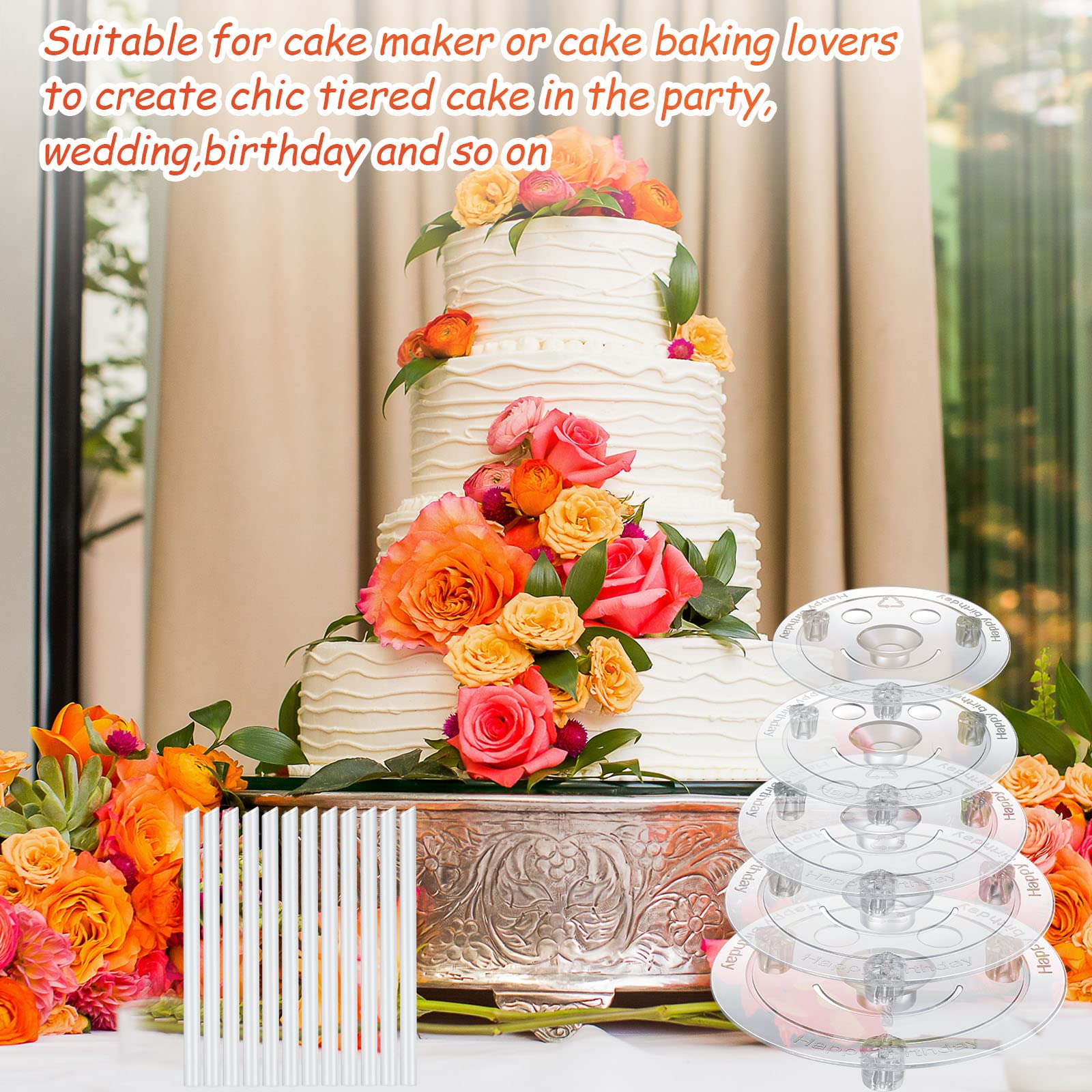 40-Piece Plastic Cake Dowel Rods Kit - 20 White Cake Support Sticks, 5 Cake Separator Plates (4/6/8/10/12 Inch), 15 Clear Stacking Dowels for Tiered Cakes - Perfect for Wedding, Birthday & Multi-Layer Cake Decorating