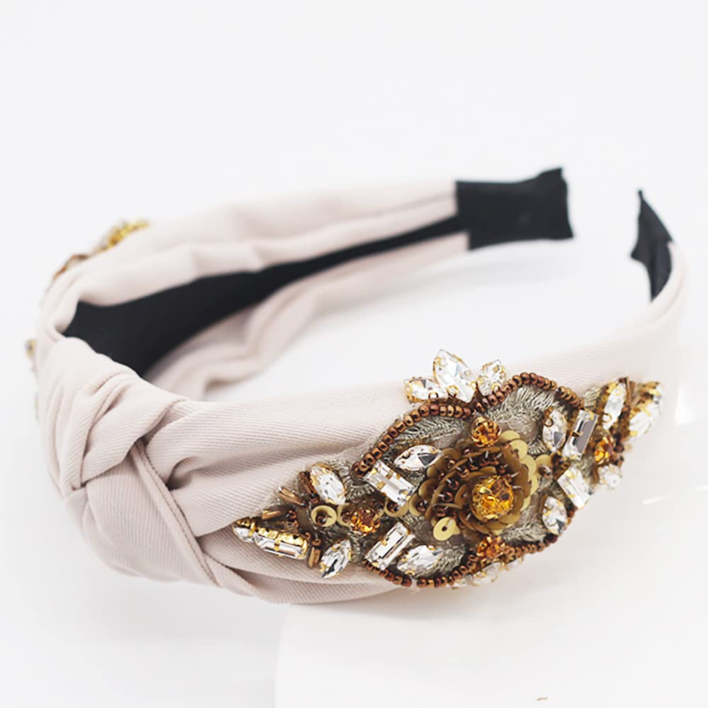 Baroque Rhinestone Crystal Headbands for Women - Handmade Embroidered Wide Hair Accessories for Girls & Women - Fashion Top Knot Headband with Exquisite Design (Beige) - Perfect for Weddings, Parties, and Special Occasions