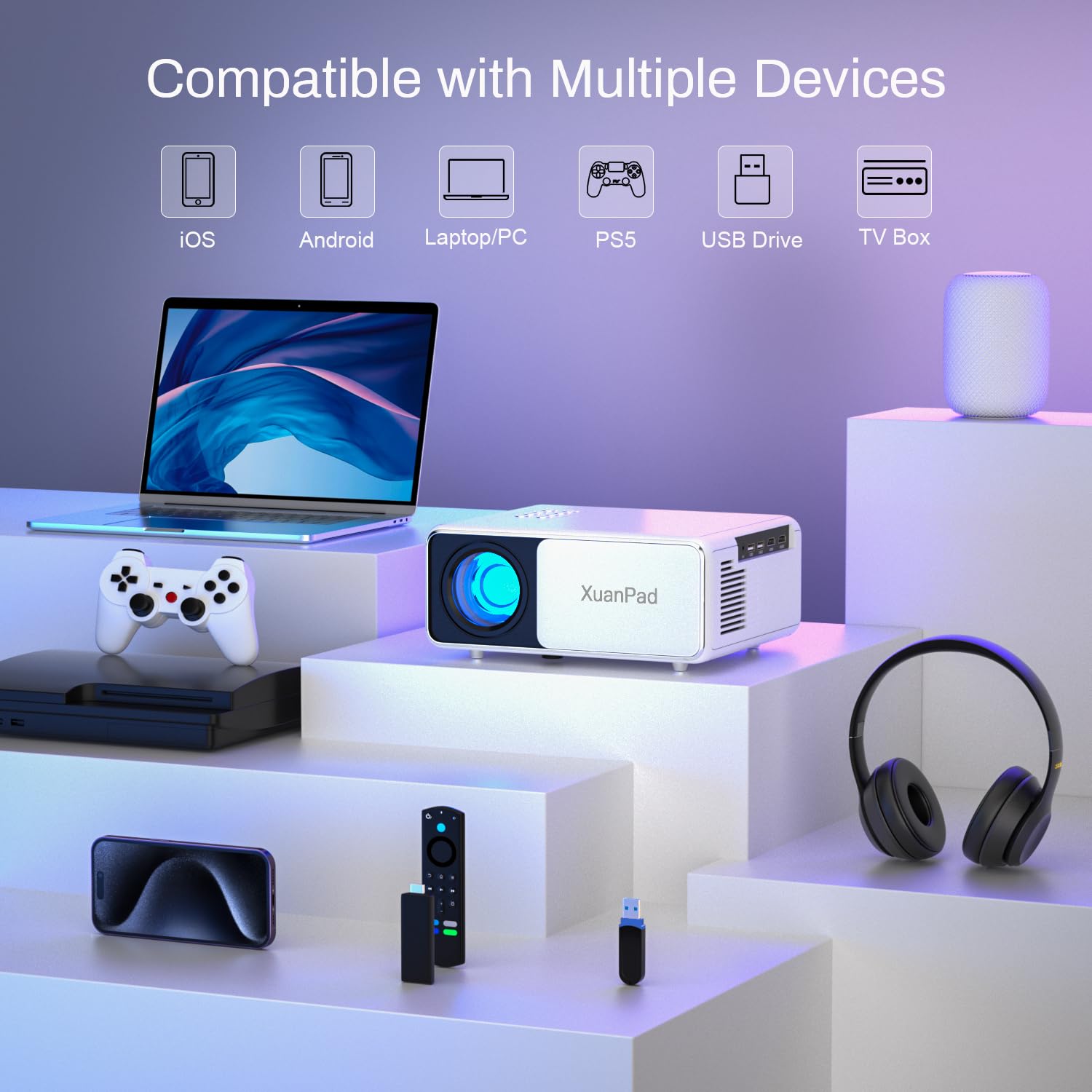 XuanPad 2025 Upgraded 5G WiFi Bluetooth Projector - 700 ANSI Lumens 4K Supported Outdoor Movie Projector with Tripod, Max 400