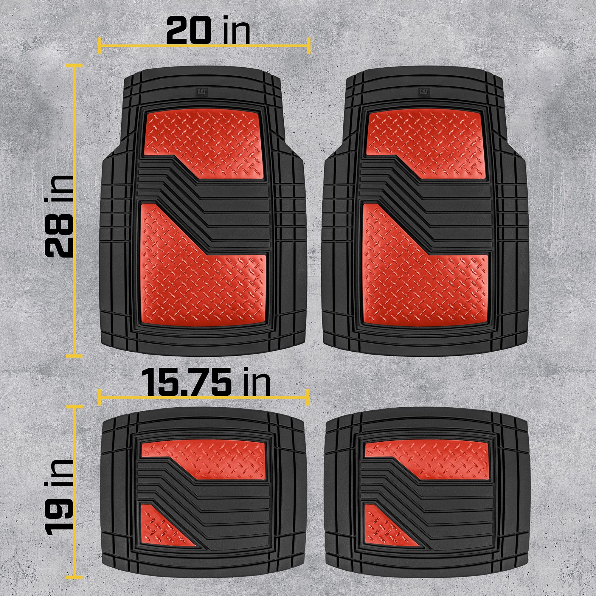 CAT DiamondShield All-Weather Rubber Floor Mats for Cars, Trucks & SUVs - Heavy Duty Front & Rear Set with Anti-Slip Backing & Heel Pad - Universal Fit Trim-to-Fit Design (Red) - Perfect for Road Trips, Off-Road Adventures & Daily Commutes