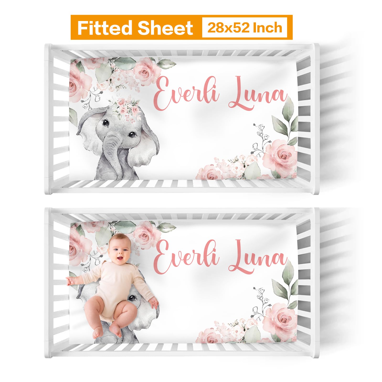 Custom Pink Baby Girl Crib Bedding Set - Personalized Nursery Blanket, Crib Sheet & Changing Pad Cover with Elephant & Rose Design | Perfect for Newborn Nursery Decor & Baby Shower Gifts