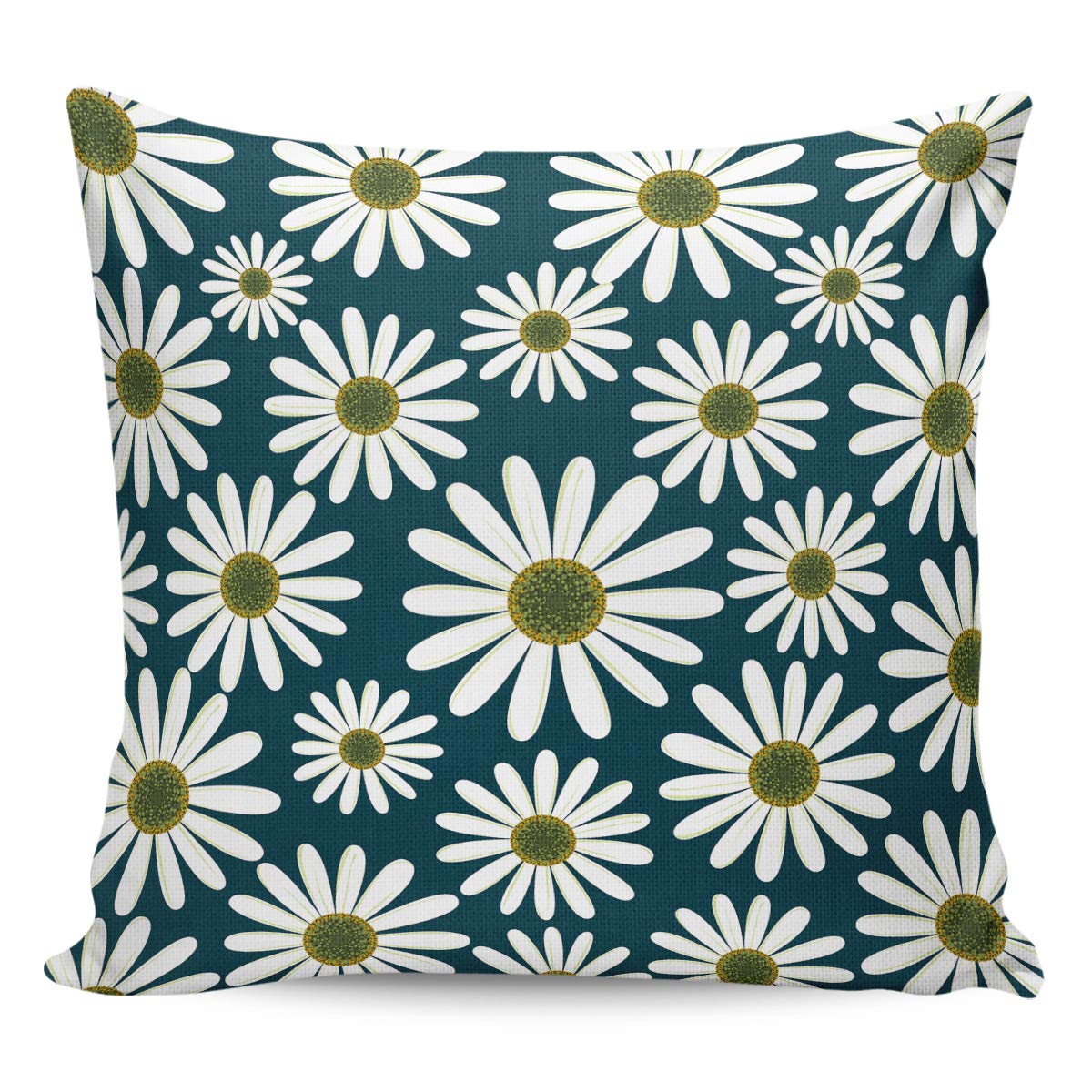 White and Yellow Daisy Floral Square Pillow Cover - 24x24 Inch Cotton Linen Decorative Throw Cushion for Sofa, Bed, Outdoor Patio - Home Decor Accent Pillow