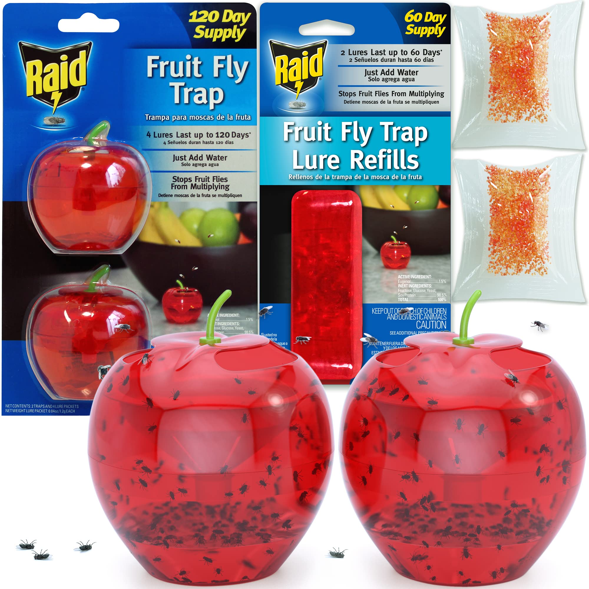 Raid Indoor Fruit Fly Traps with 2 Lures & 2 Refills - Safe Food-Based Fly Catcher for Kitchen, Bathroom - Effective Gnat Killer for Home Use | Easy to Use & Non-Toxic Fruit Fly Control Solution