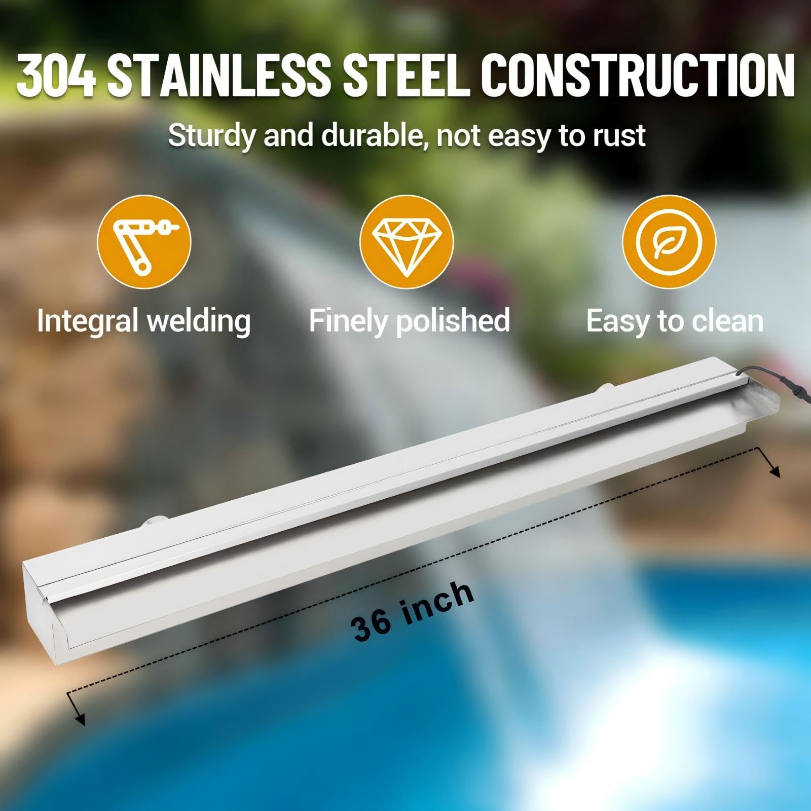GARVEE 36x4.7x3.2 Inch Stainless Steel Pool Waterfall with LED Lights | Outdoor Water Fountain & Rectangular Spillway for Pools, Gardens | Premium Remote Control LED Water Feature for Backyard, Patio Decor