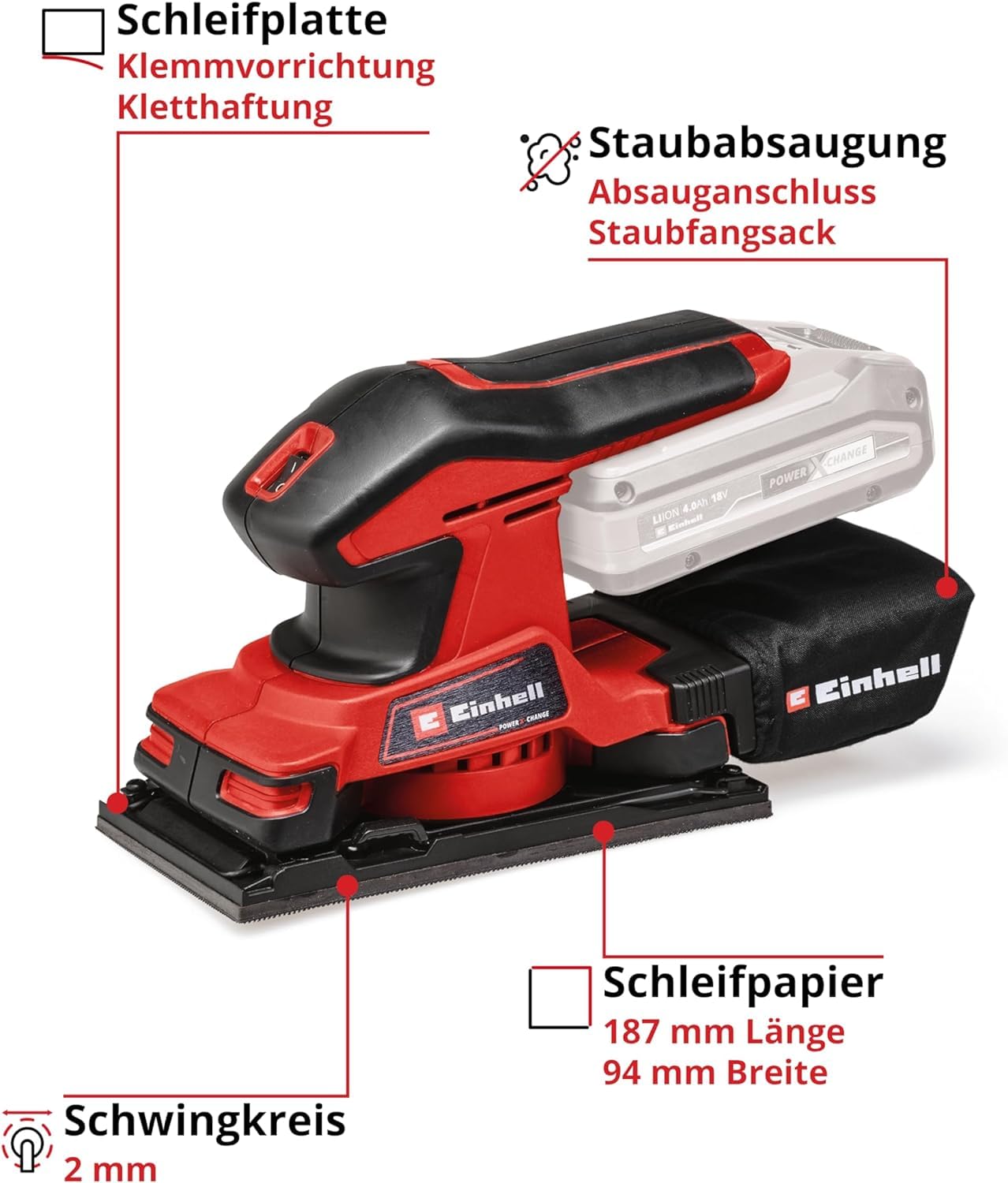 Einhell TC-OS 18/187 Li Solo Power X-Change Cordless Oscillating Multi-Tool - 18V Lithium-Ion, Micro-Hook & Loop, Softgrip Handle, Includes Sanding Paper (Battery & Charger Not Included), Red - Perfect for Woodworking, Metal Polishing & DIY Home Renovation Projects