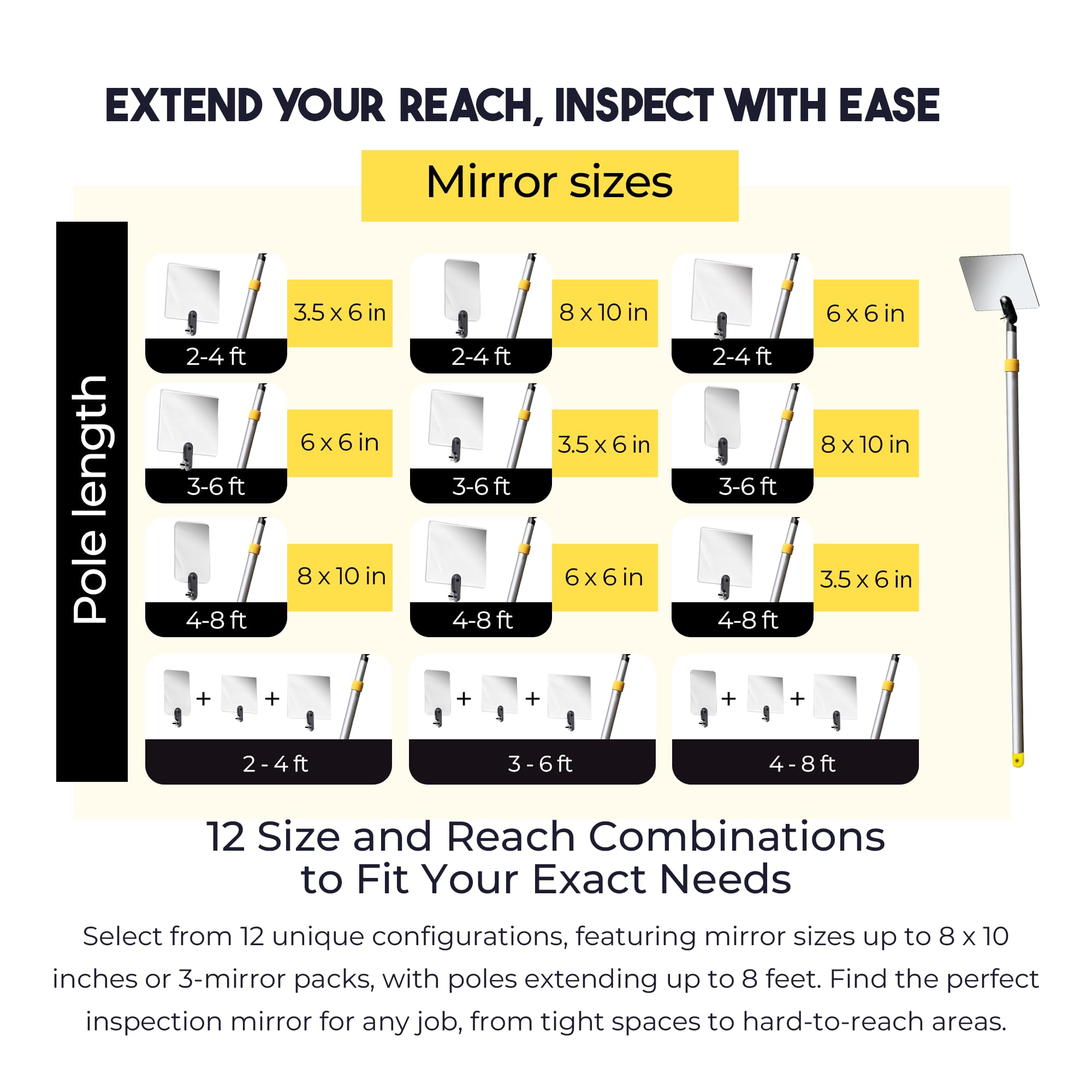 Telescoping Inspection Mirror with 8x10 Inch Acrylic Mirror - Extends from 4ft to 8ft - Lightweight & Durable for Auto Repair, HVAC, and Home Maintenance