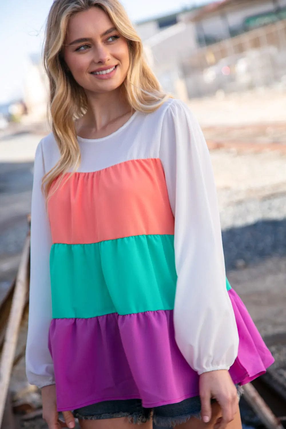 Ivory & Peach Woven Crepe Tiered Blouse for Women - Elegant Flowy Boho Top for Casual Outings & Date Nights